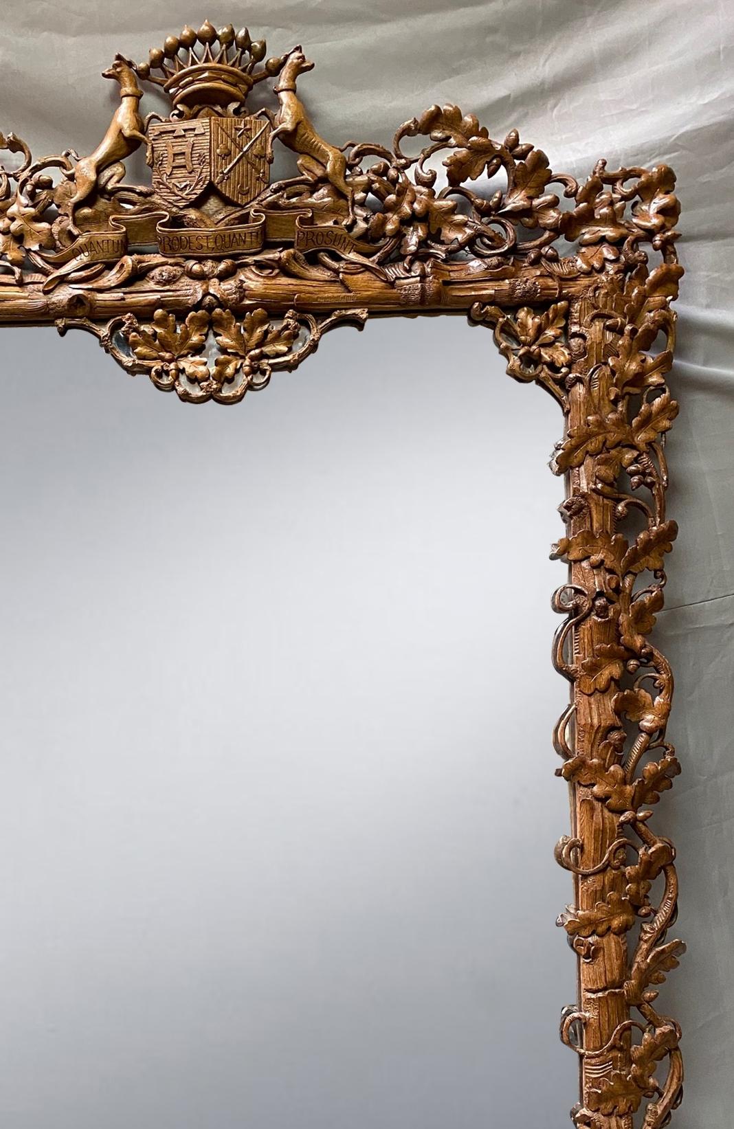 Hand-Carved English Hand Carved Oak Mirror with Coat of Arms, 19th Century For Sale
