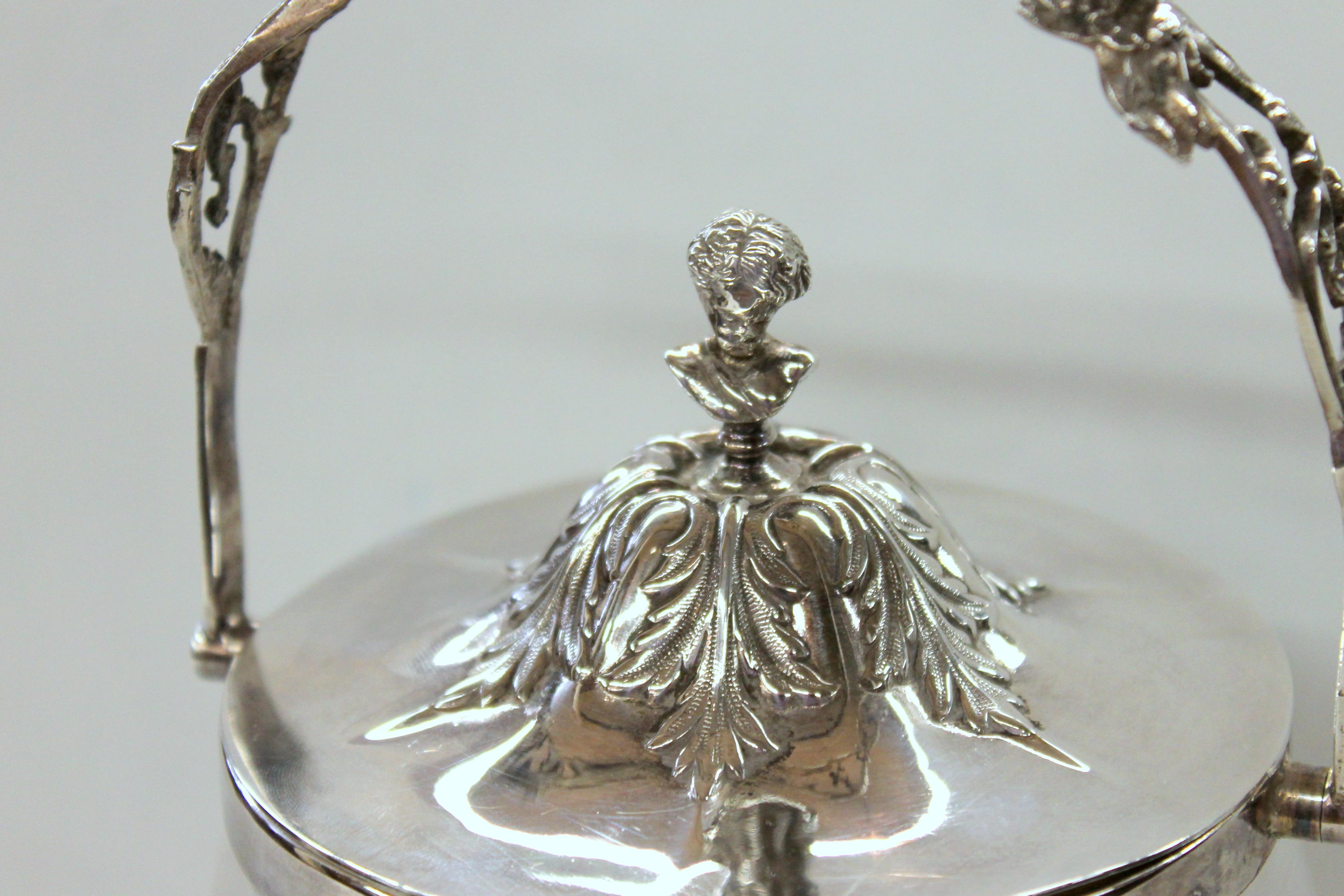 Hand-Crafted English Hand Chased Silver Plate and Cut Crystal Covered Biscuit Barrel