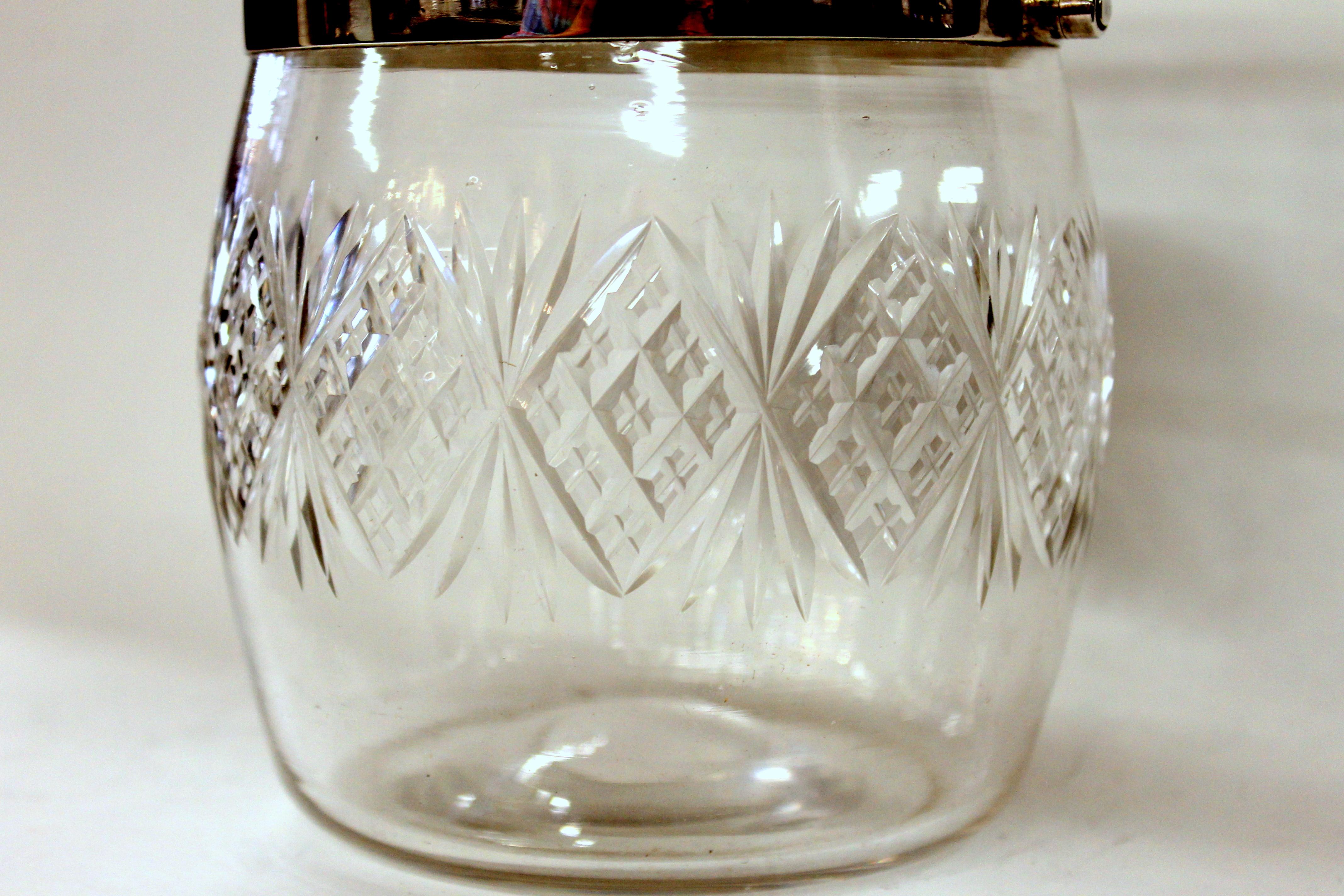 English Hand Chased Silver Plate and Cut Crystal Covered Biscuit Barrel In Excellent Condition In Charleston, SC