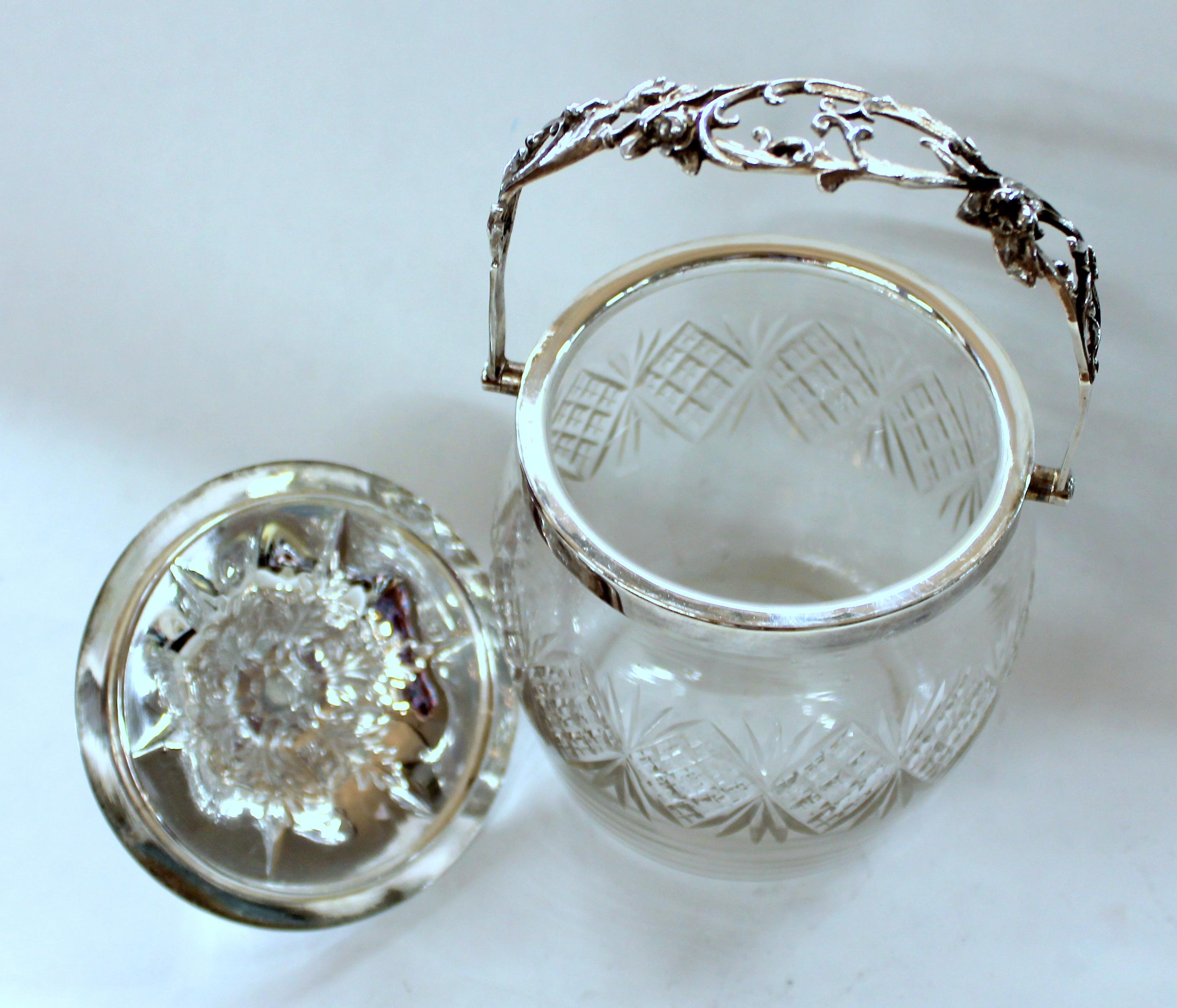 English Hand Chased Silver Plate and Cut Crystal Covered Biscuit Barrel 2