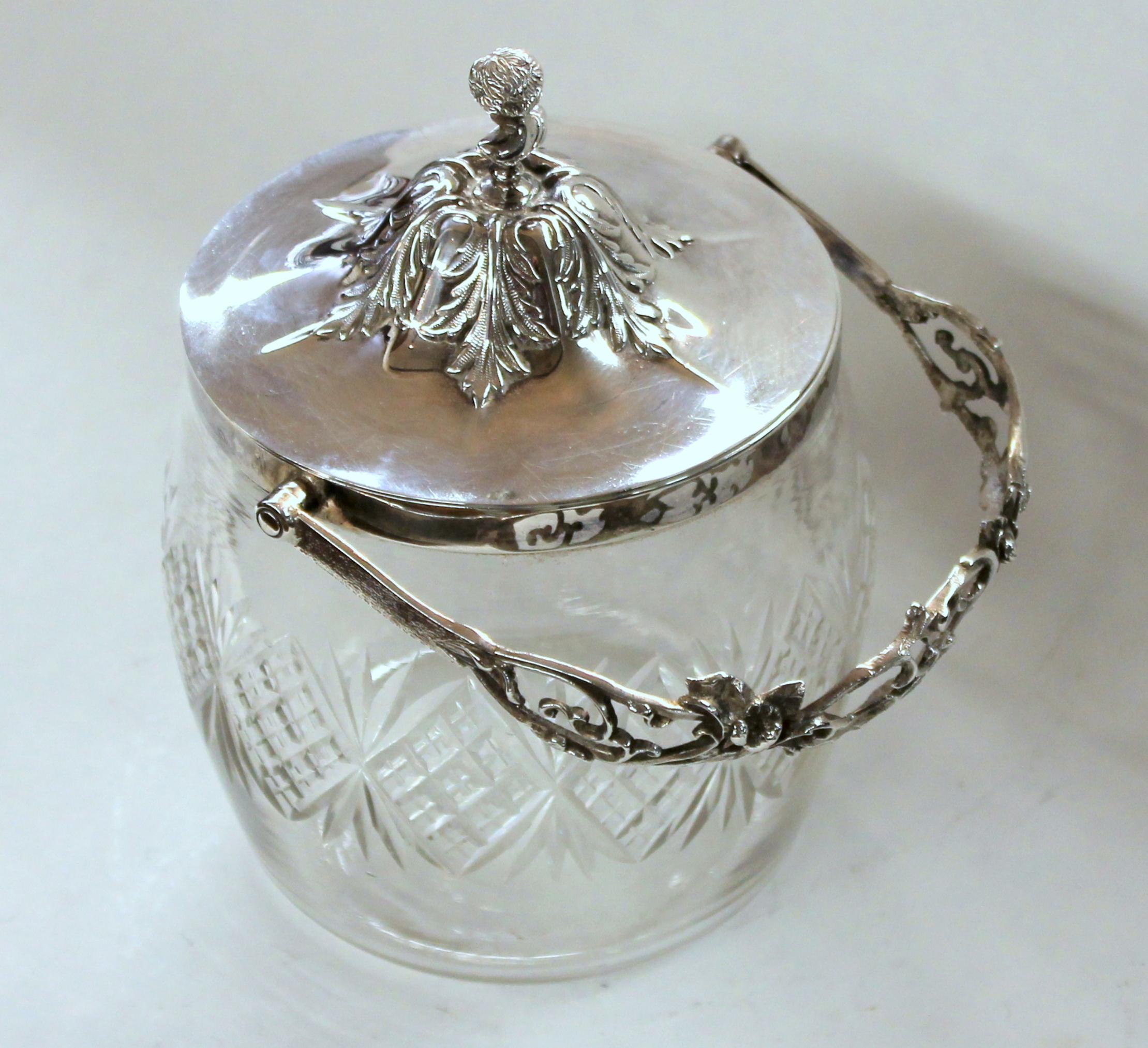English Hand Chased Silver Plate and Cut Crystal Covered Biscuit Barrel 4