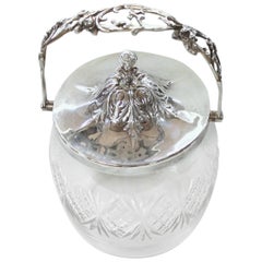 Antique English Hand Chased Silver Plate and Cut Crystal Covered Biscuit Barrel
