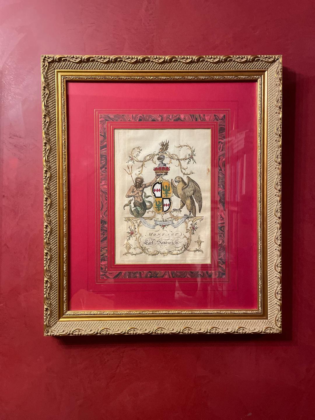 18th Century English Hand-Colored Armorial Engravings Set of Four For Sale