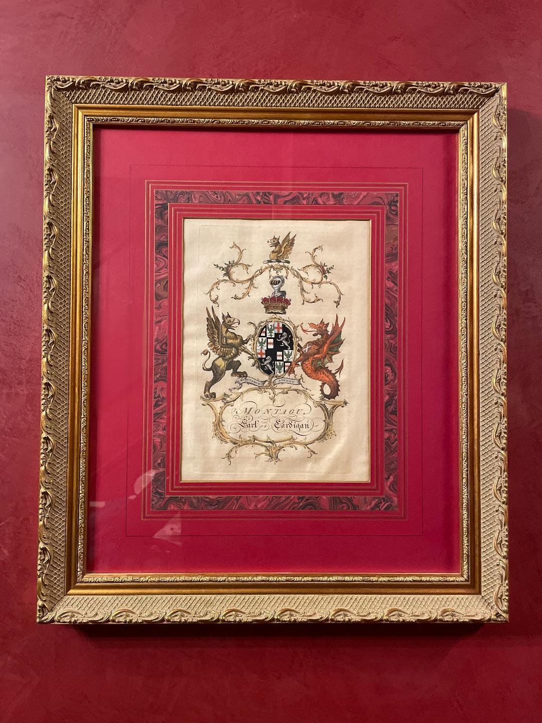 Set von vier englischen handkolorierten Wappengravuren mit Wappengravuren (18. Jahrhundert) im Angebot