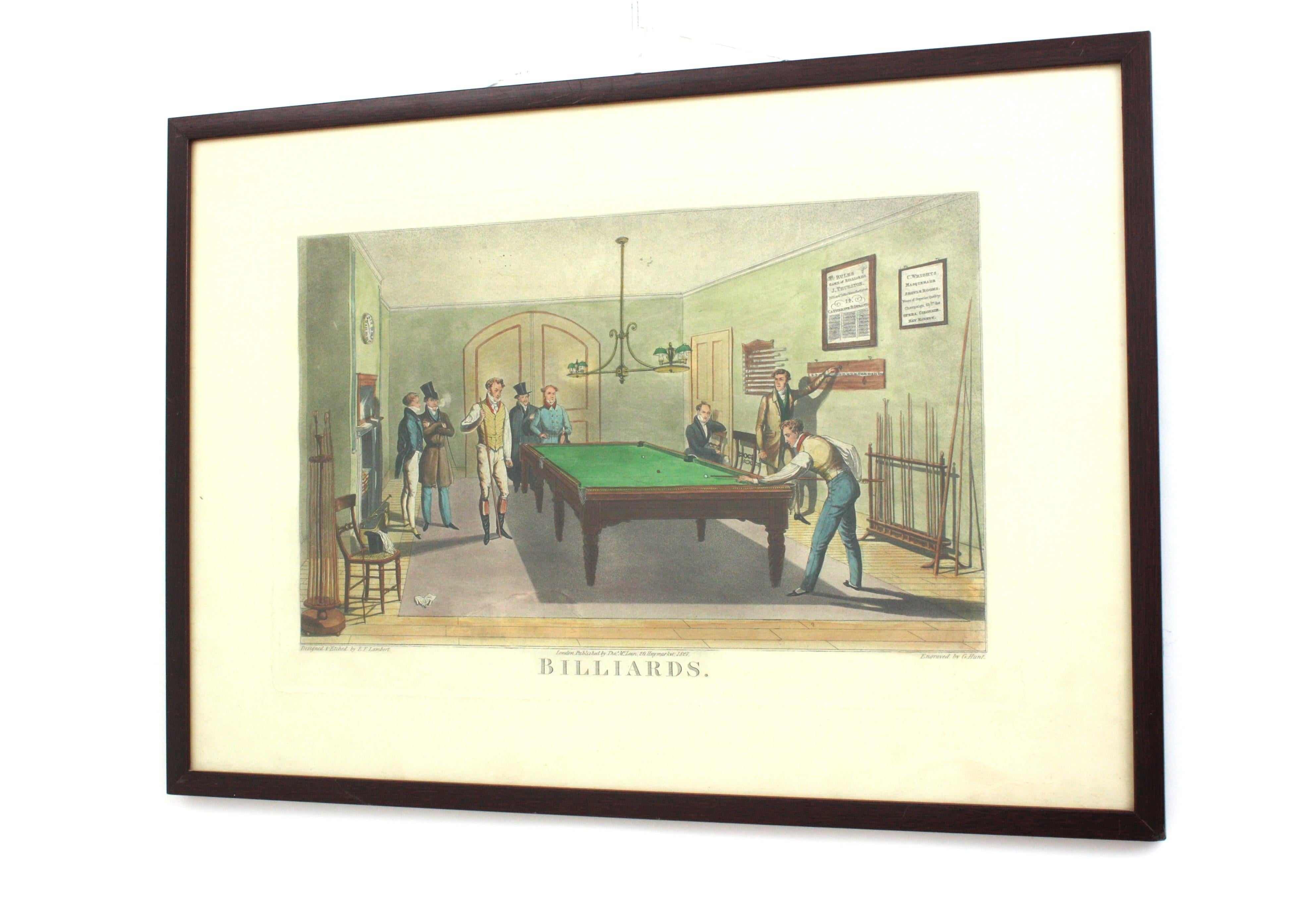 Georgian English Hand Colored Billiards Escene Engraving Print For Sale