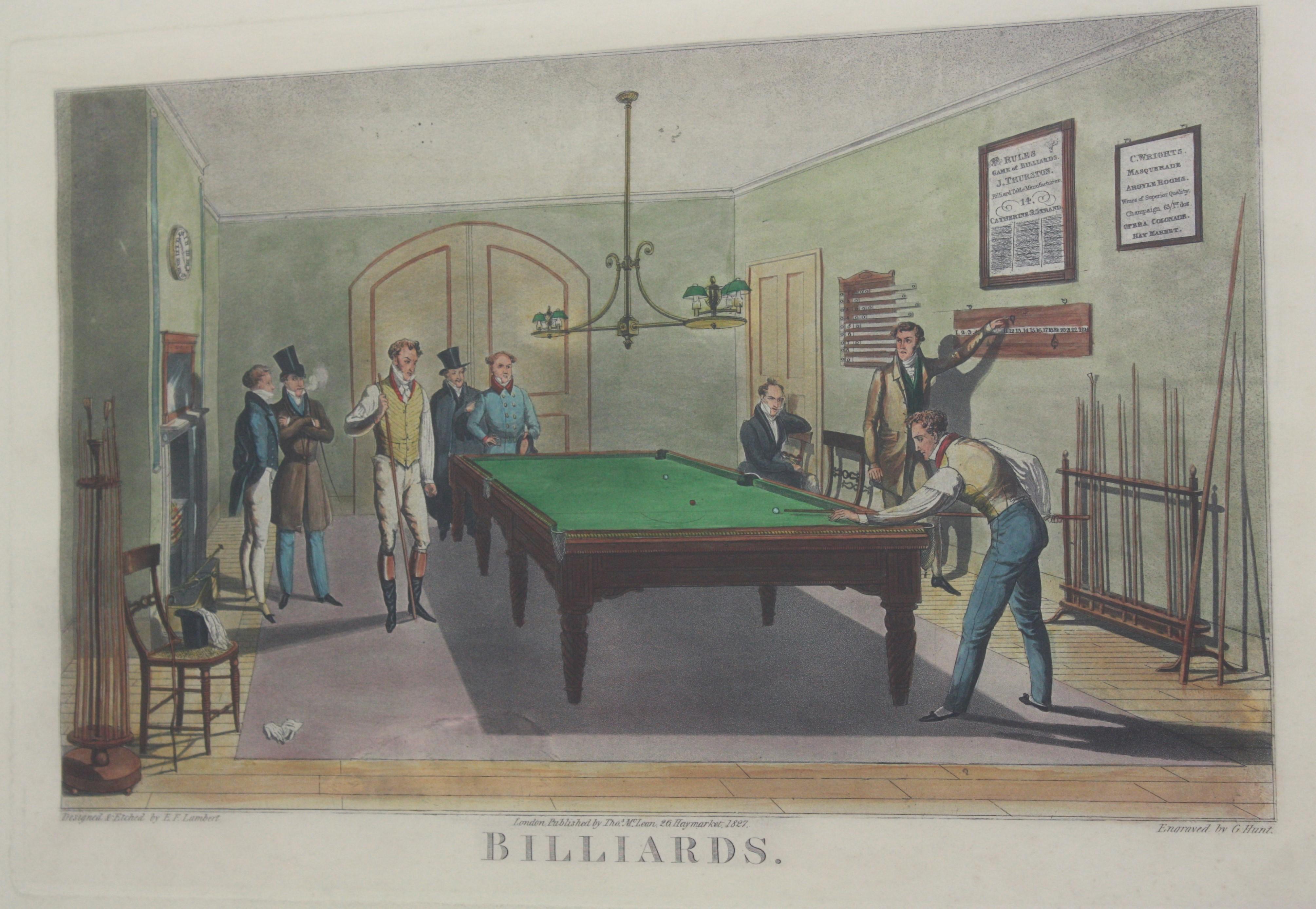 Engraved English Hand Colored Billiards Escene Engraving Print For Sale