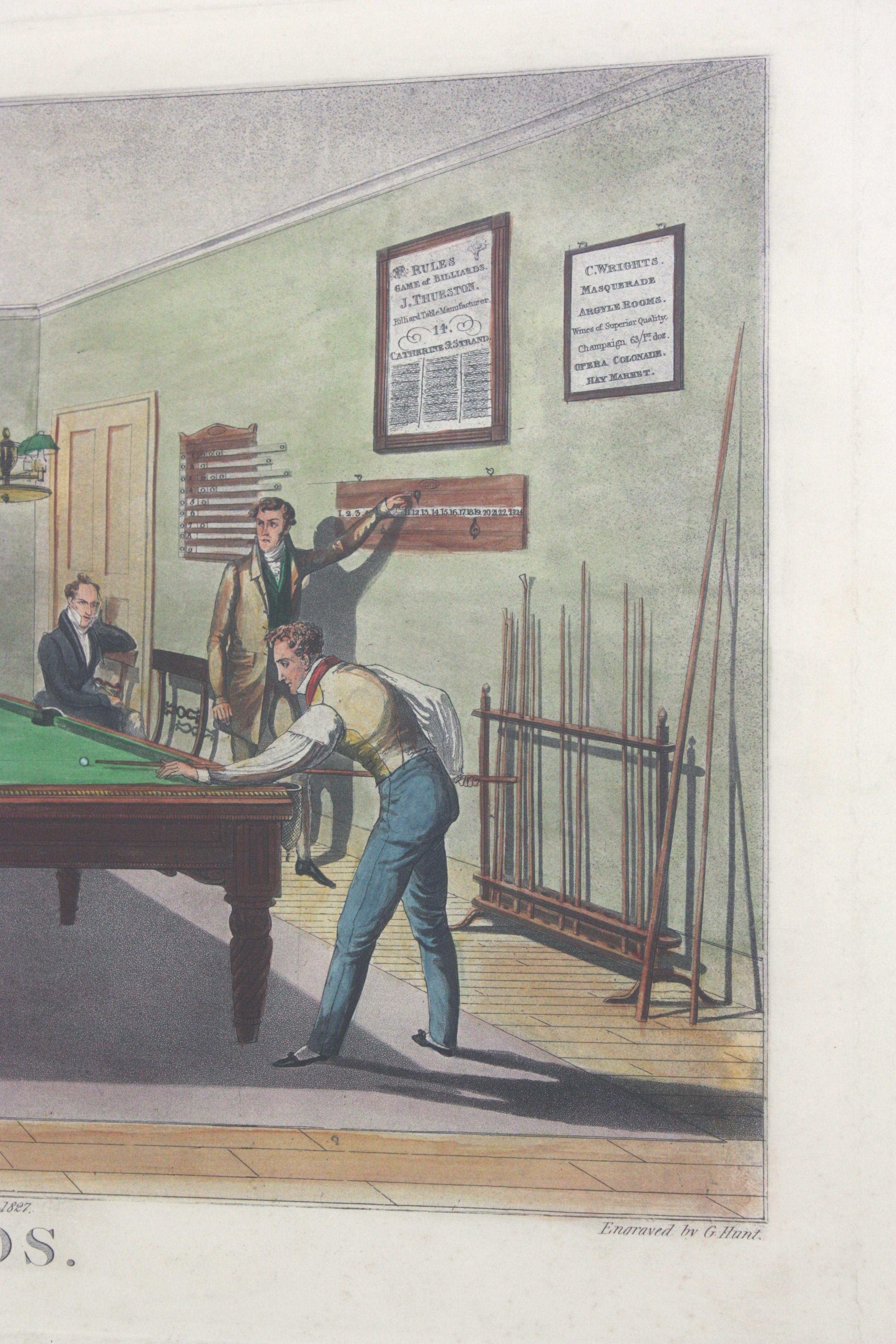 English Hand Colored Billiards Escene Engraving Print In Good Condition For Sale In Barcelona, ES