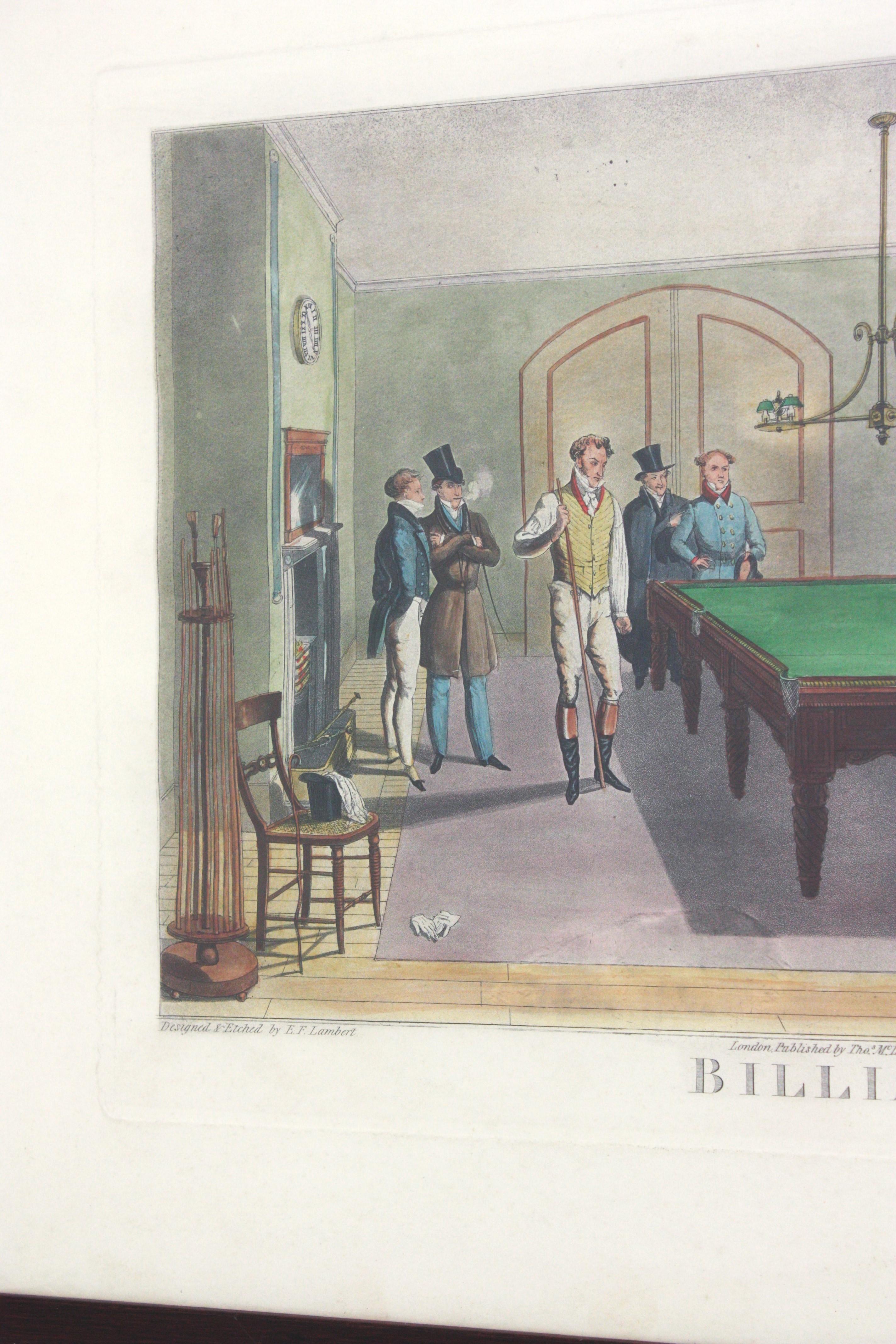 20th Century English Hand Colored Billiards Escene Engraving Print For Sale