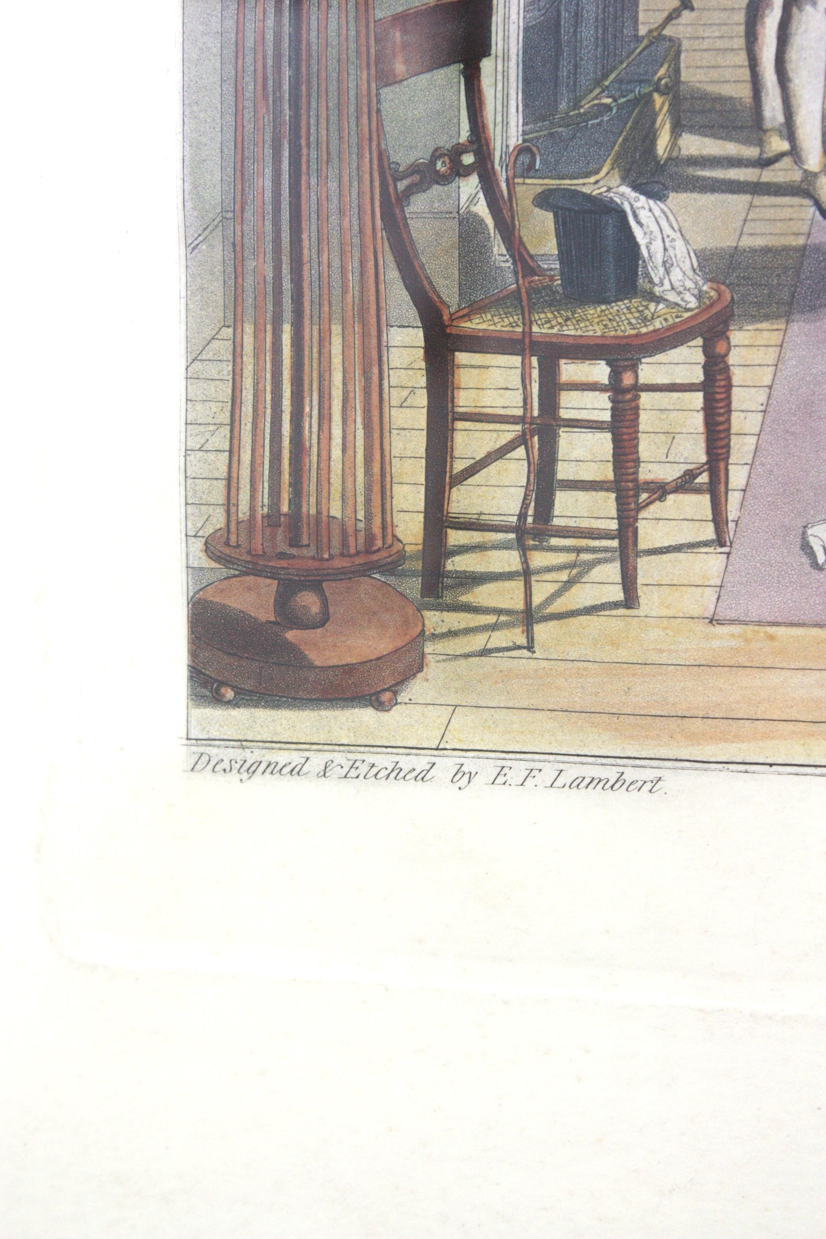 Wood English Hand Colored Billiards Escene Engraving Print For Sale