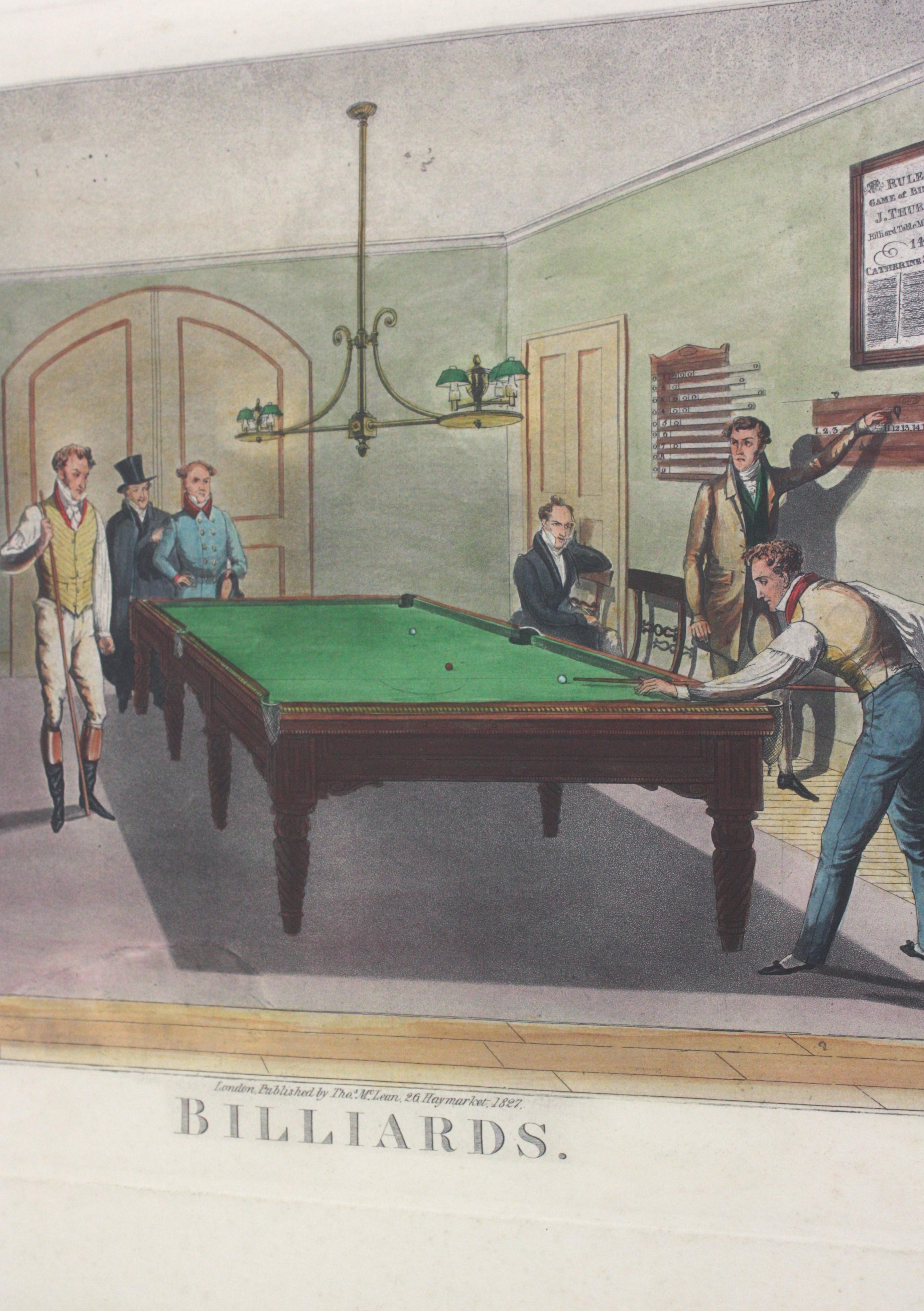English Hand Colored Billiards Escene Engraving Print For Sale 2
