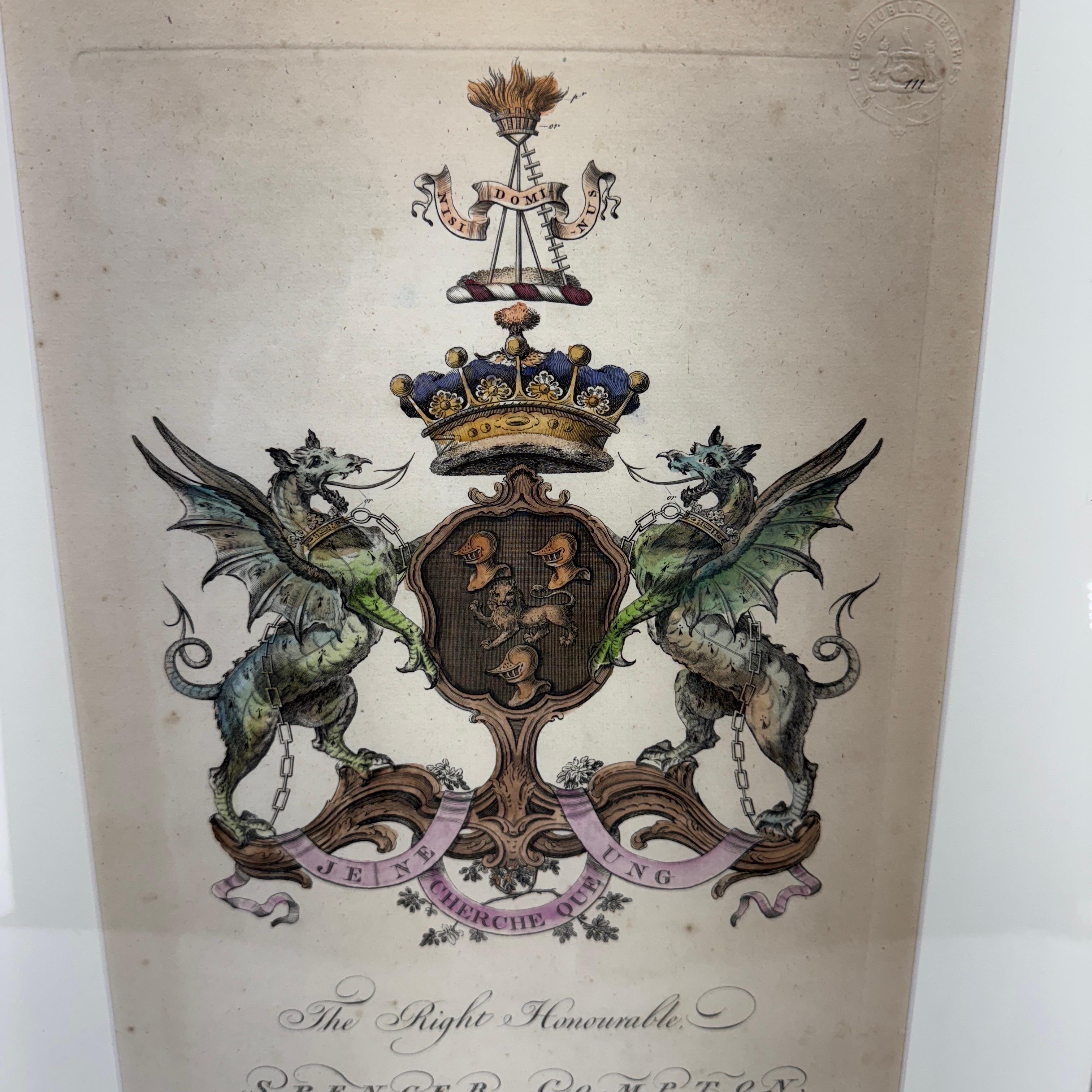 English Hand-Colored Spencer Compton Artwork Coat of Arms in Gold Leaf Frame For Sale 5
