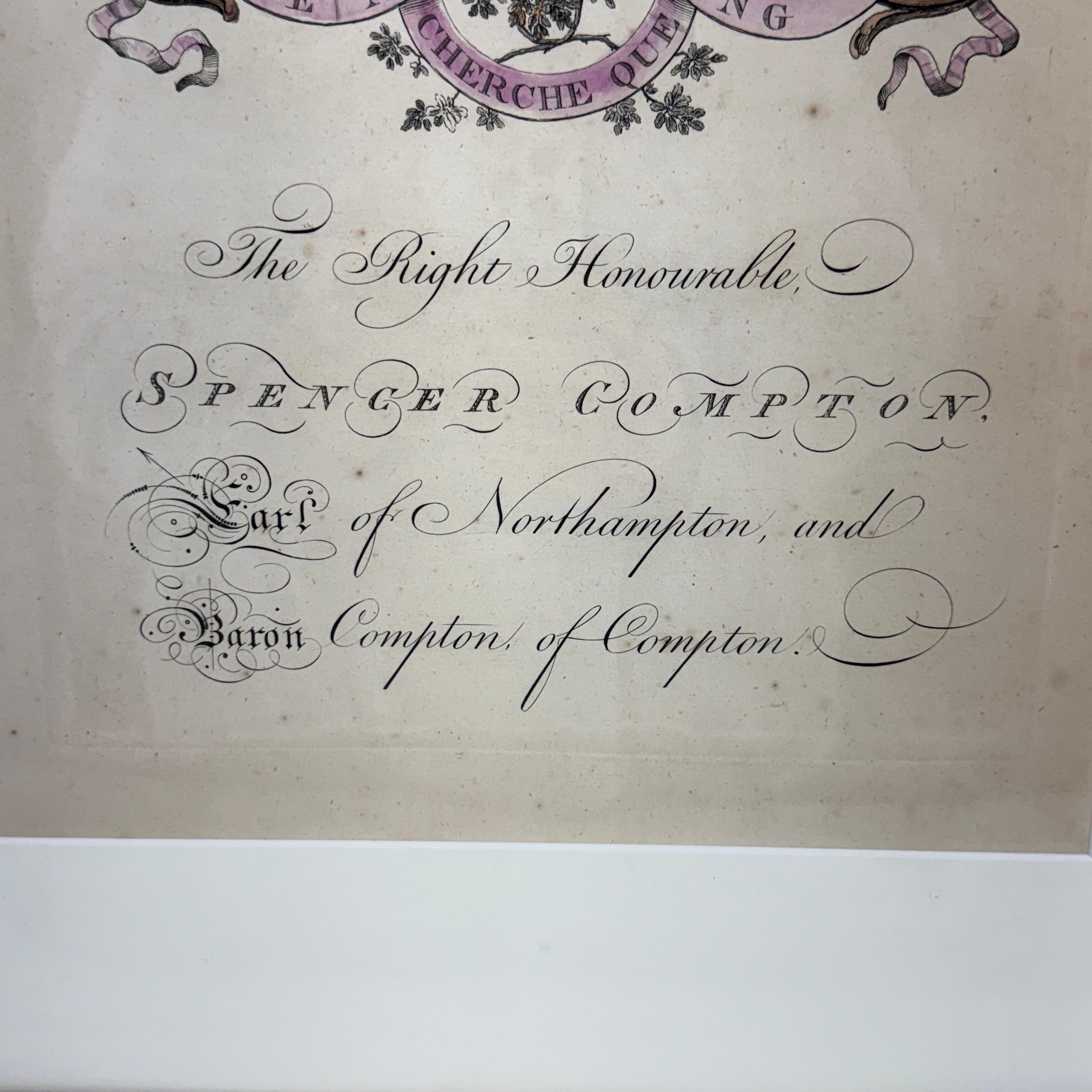 English Hand-Colored Spencer Compton Artwork Coat of Arms in Gold Leaf Frame For Sale 7