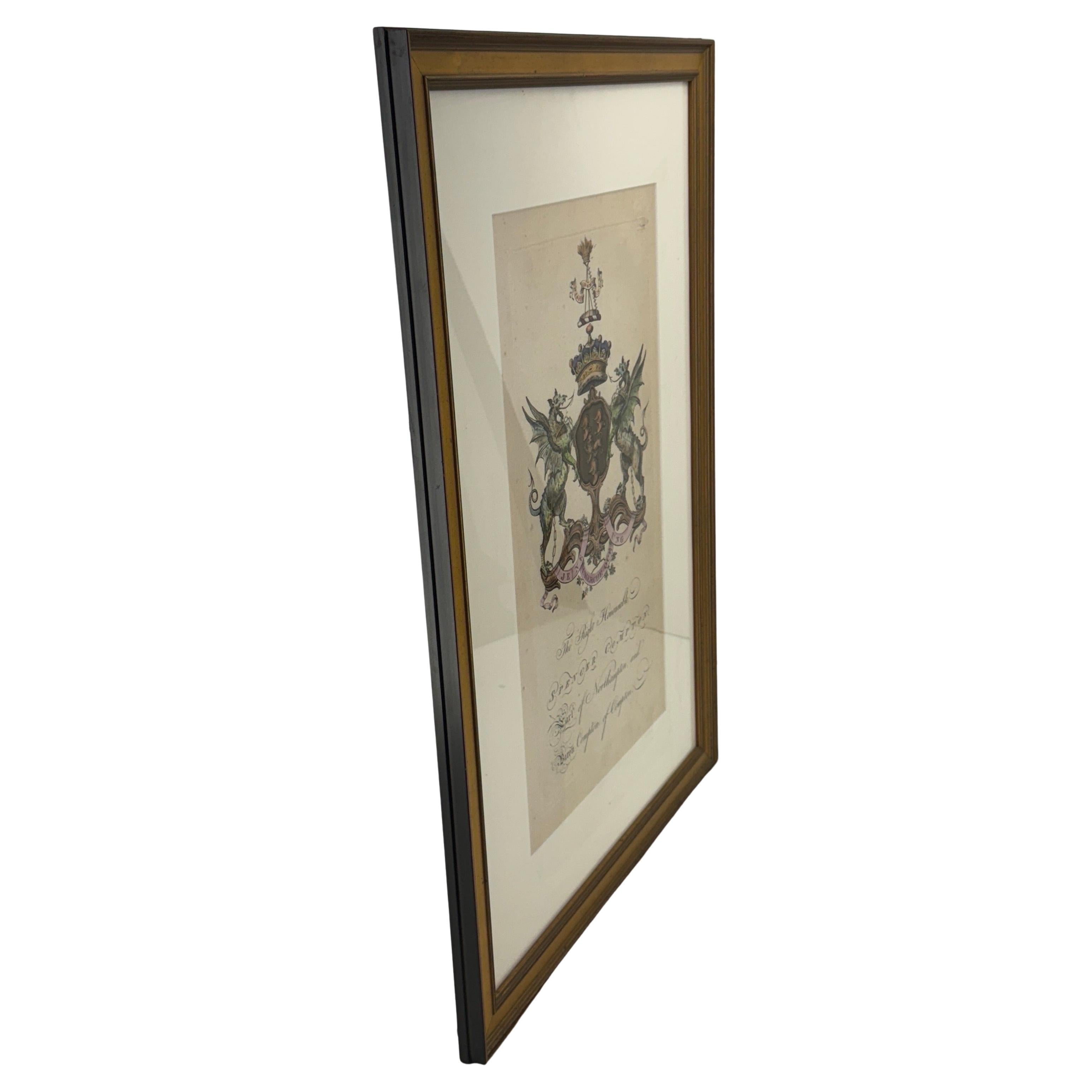 Custom framed art engraving that features a shield with heraldic symbols, supported by two dragons. This versatile artwork and can be displayed in any living room, office, or bedroom seeking that Old World feeling. 
Spenser Compton was a significant