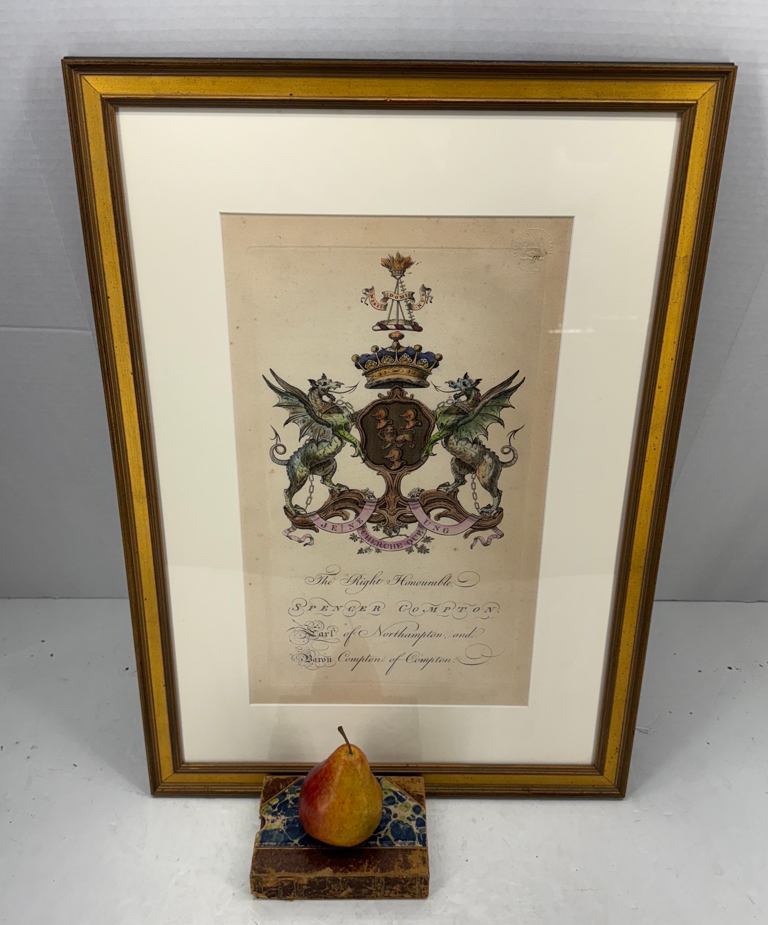 Hand-Crafted English Hand-Colored Spencer Compton Artwork Coat of Arms in Gold Leaf Frame For Sale