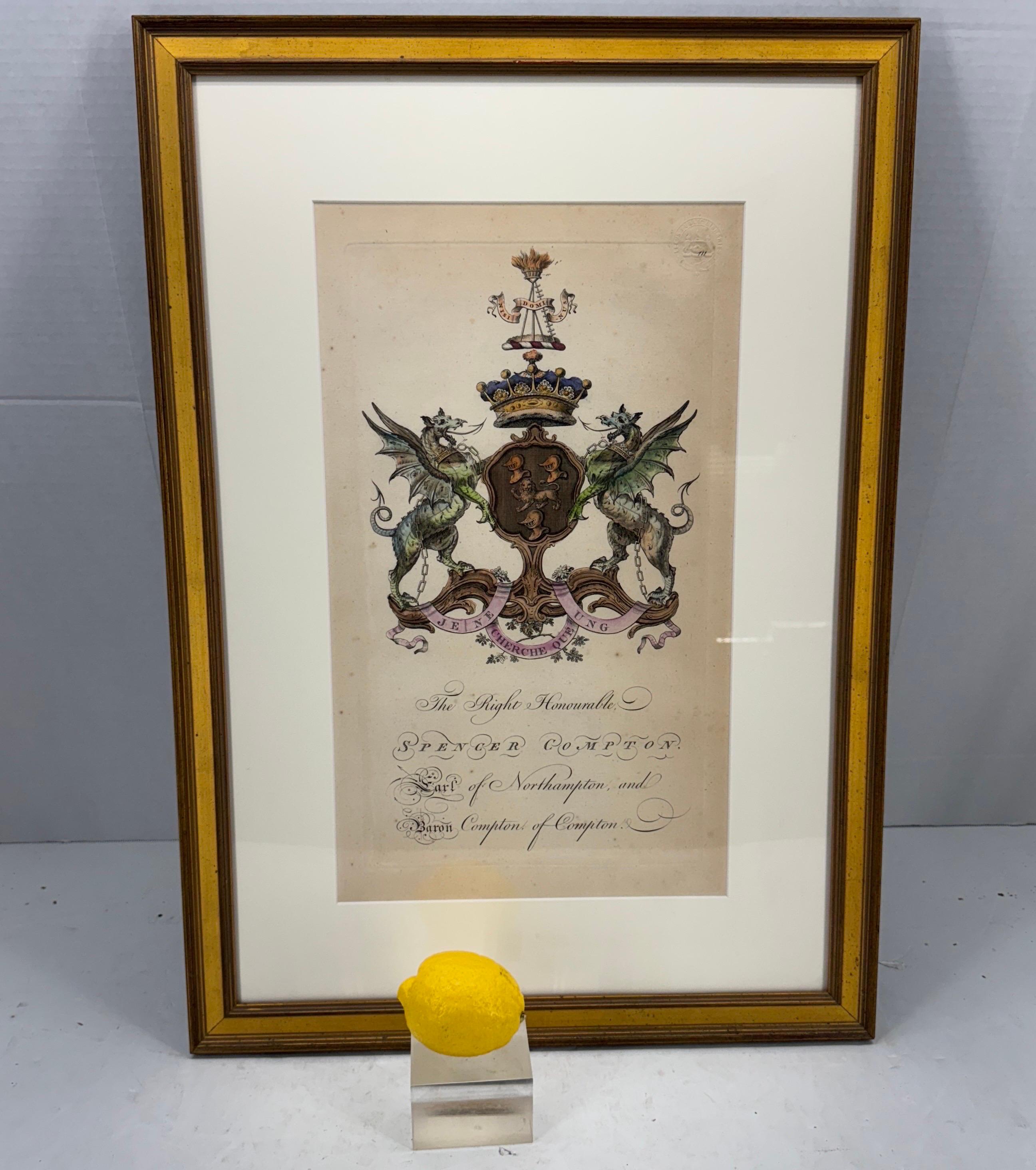 English Hand-Colored Spencer Compton Artwork Coat of Arms in Gold Leaf Frame In Good Condition For Sale In Haddonfield, NJ