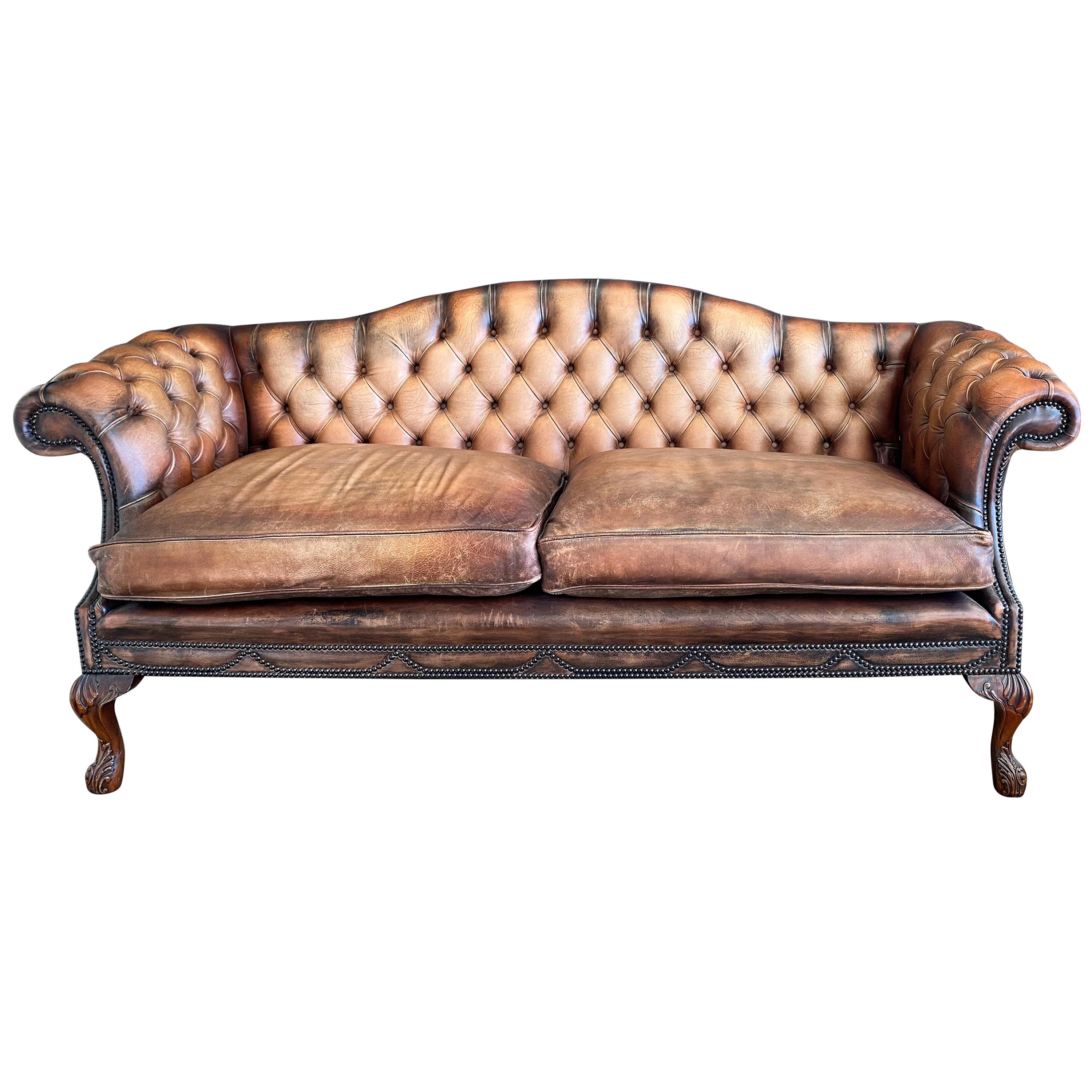 English Handmade Leather Sofa in the Chippendale Design