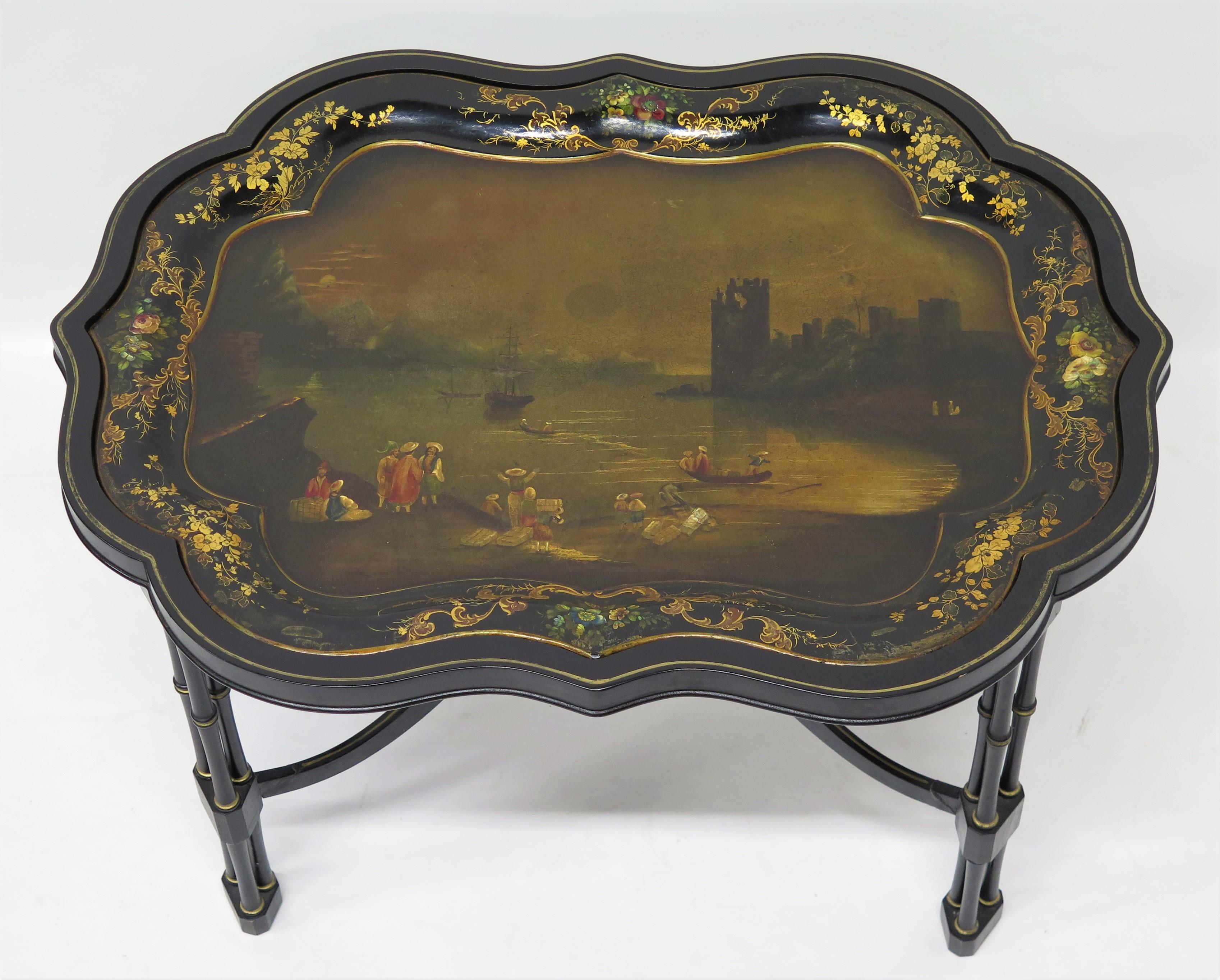 English Hand-Painted and Gilded Papier-mâché Tray on Custom Stand For Sale 11