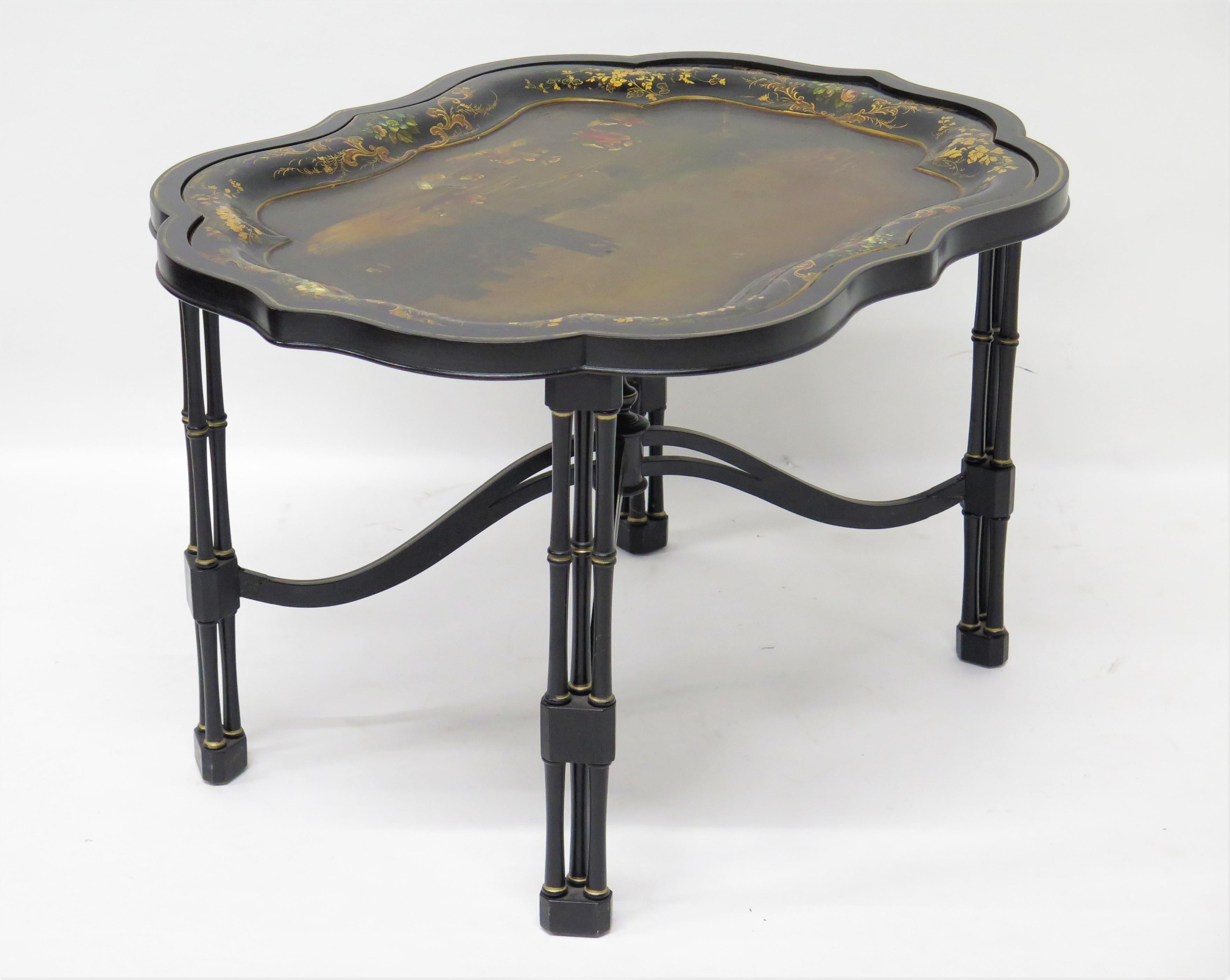 Edwardian English Hand-Painted and Gilded Papier-mâché Tray on Custom Stand For Sale