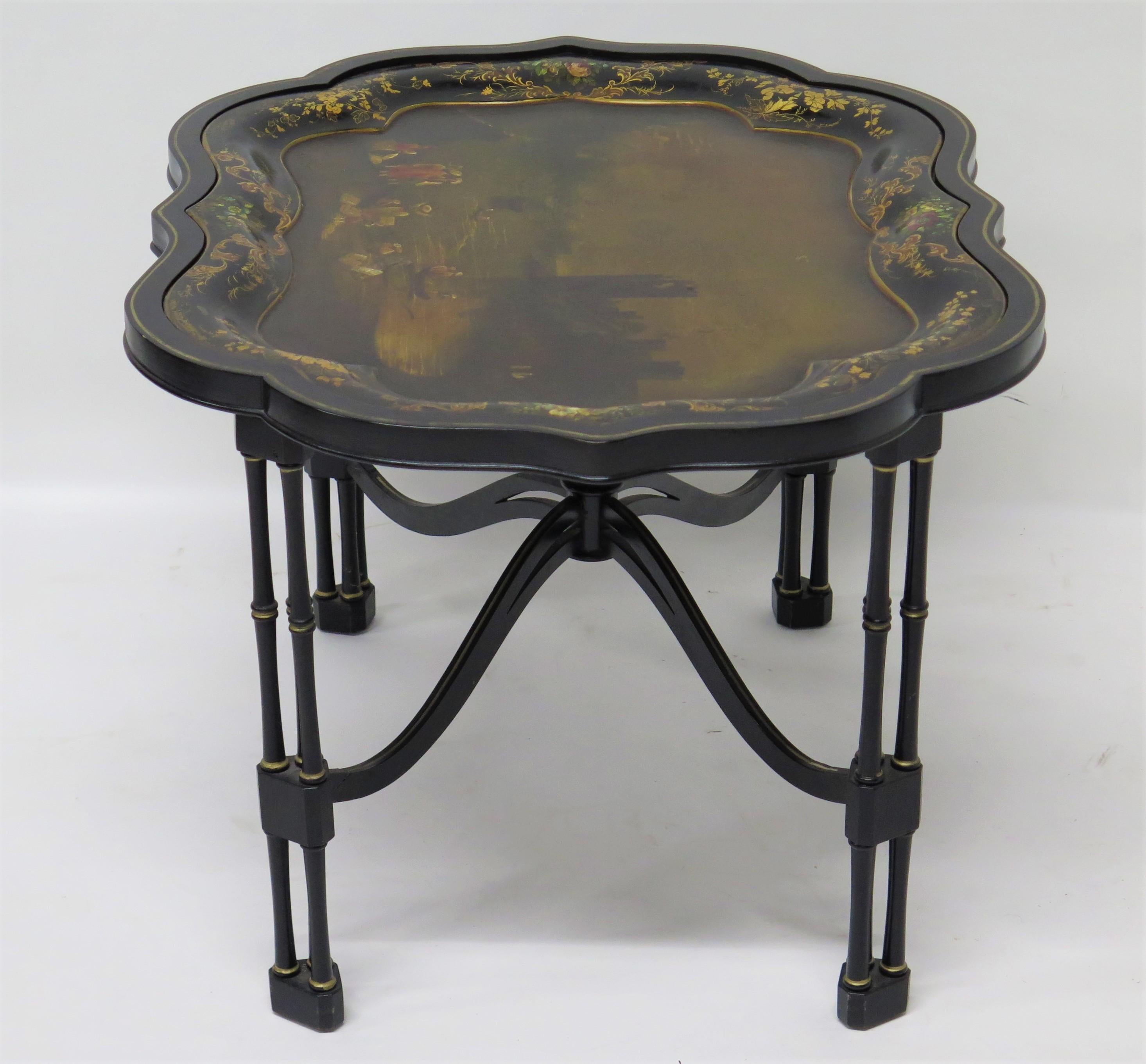 English Hand-Painted and Gilded Papier-mâché Tray on Custom Stand In Good Condition For Sale In Dallas, TX