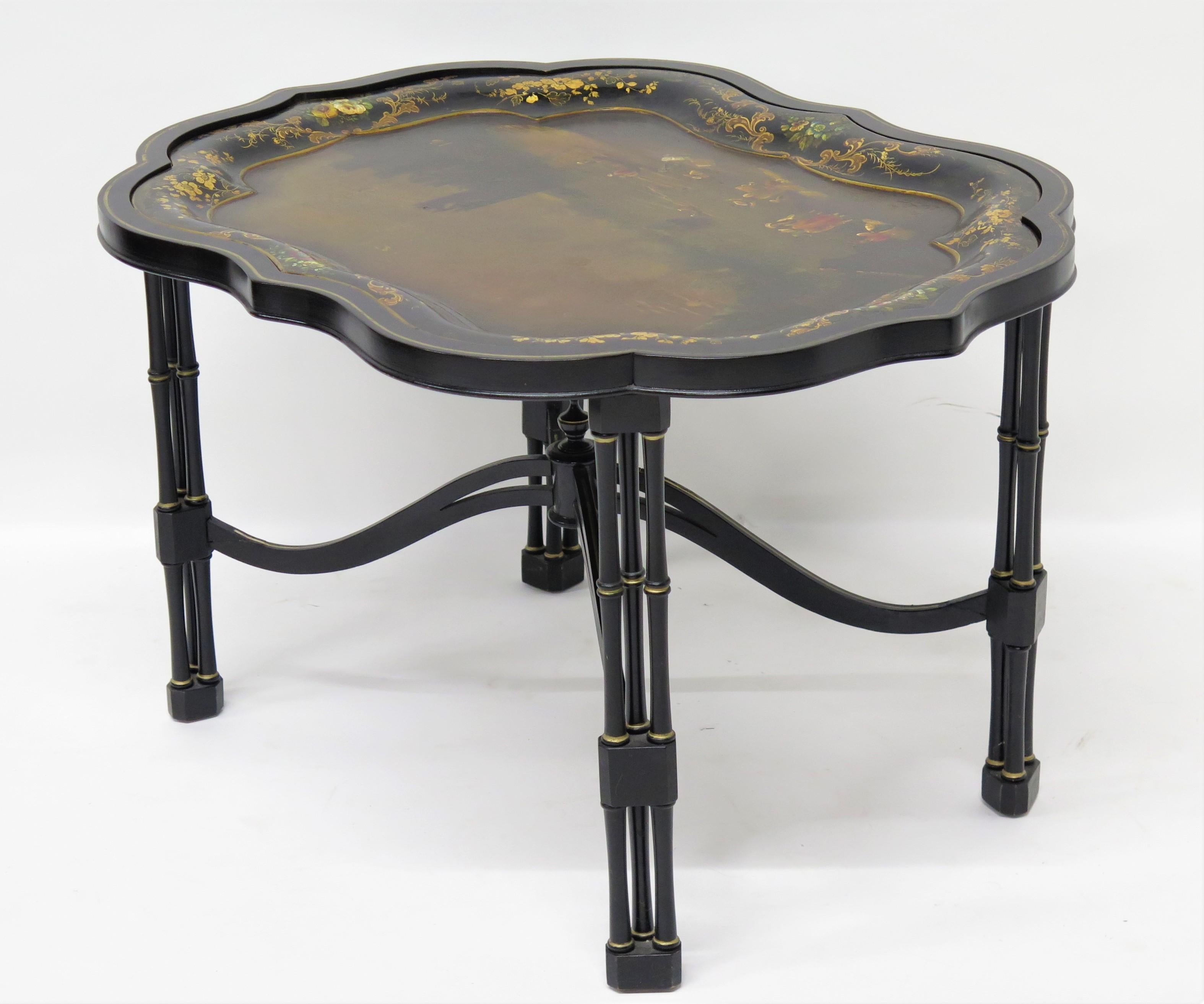 19th Century English Hand-Painted and Gilded Papier-mâché Tray on Custom Stand For Sale