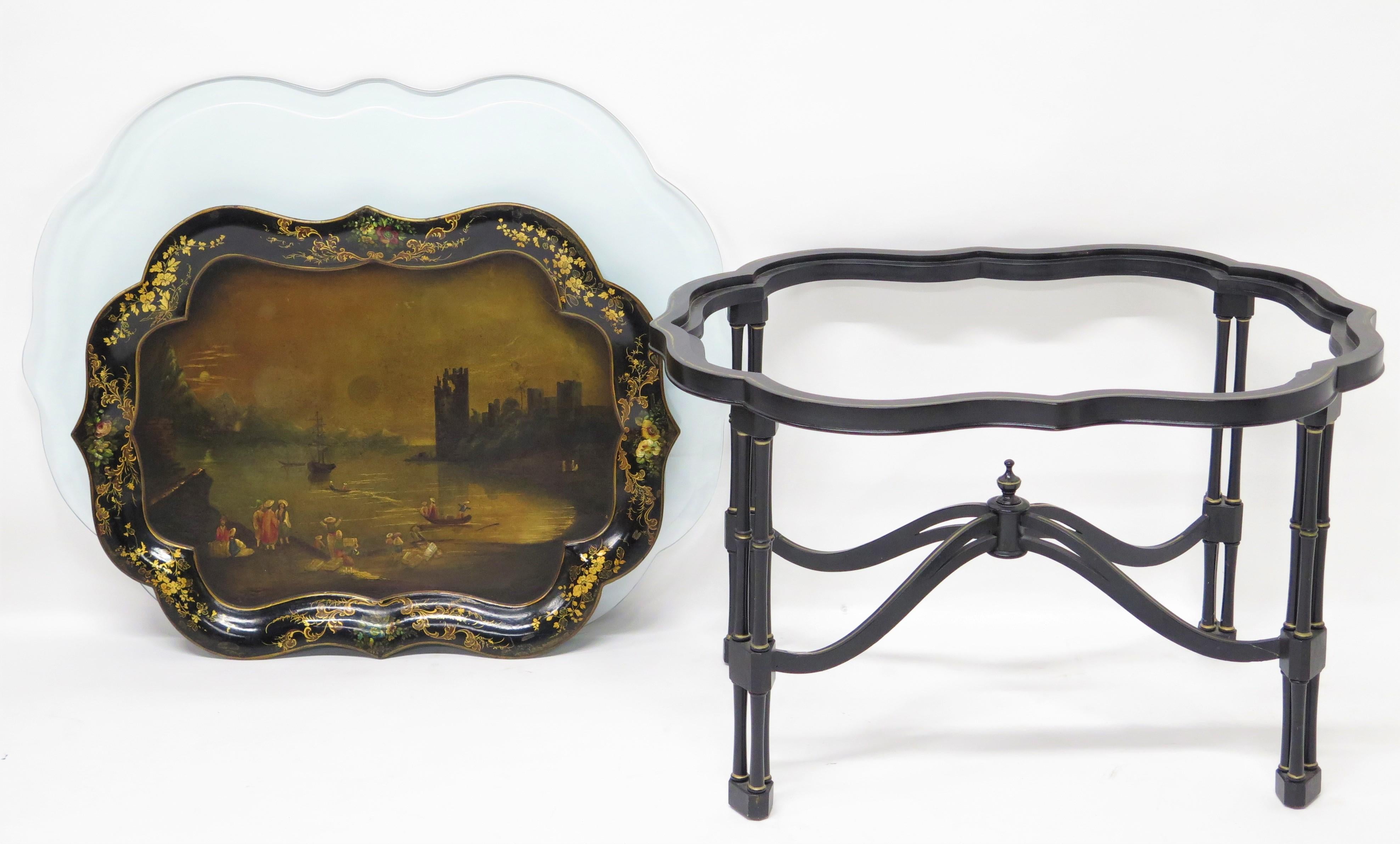 English Hand-Painted and Gilded Papier-mâché Tray on Custom Stand For Sale 1