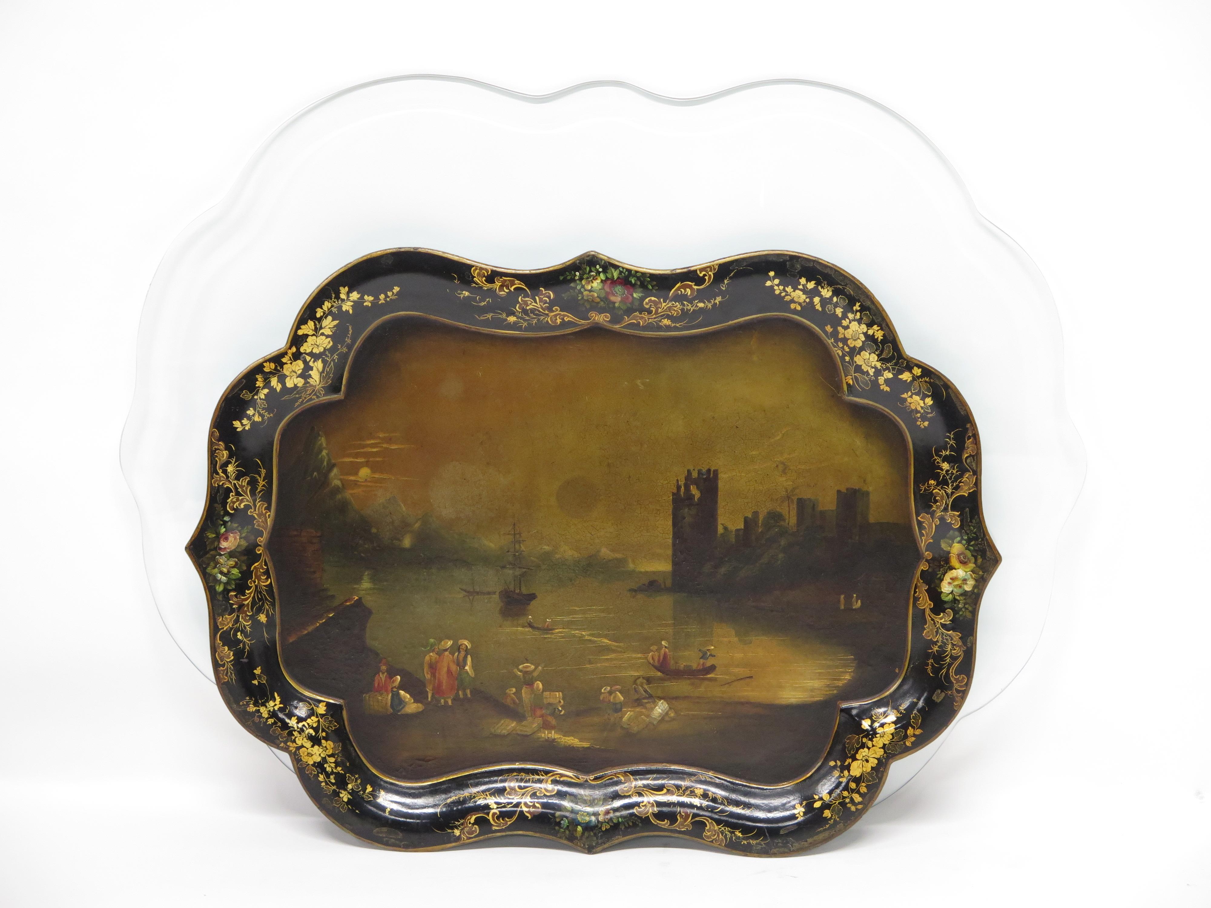 English Hand-Painted and Gilded Papier-mâché Tray on Custom Stand For Sale 2