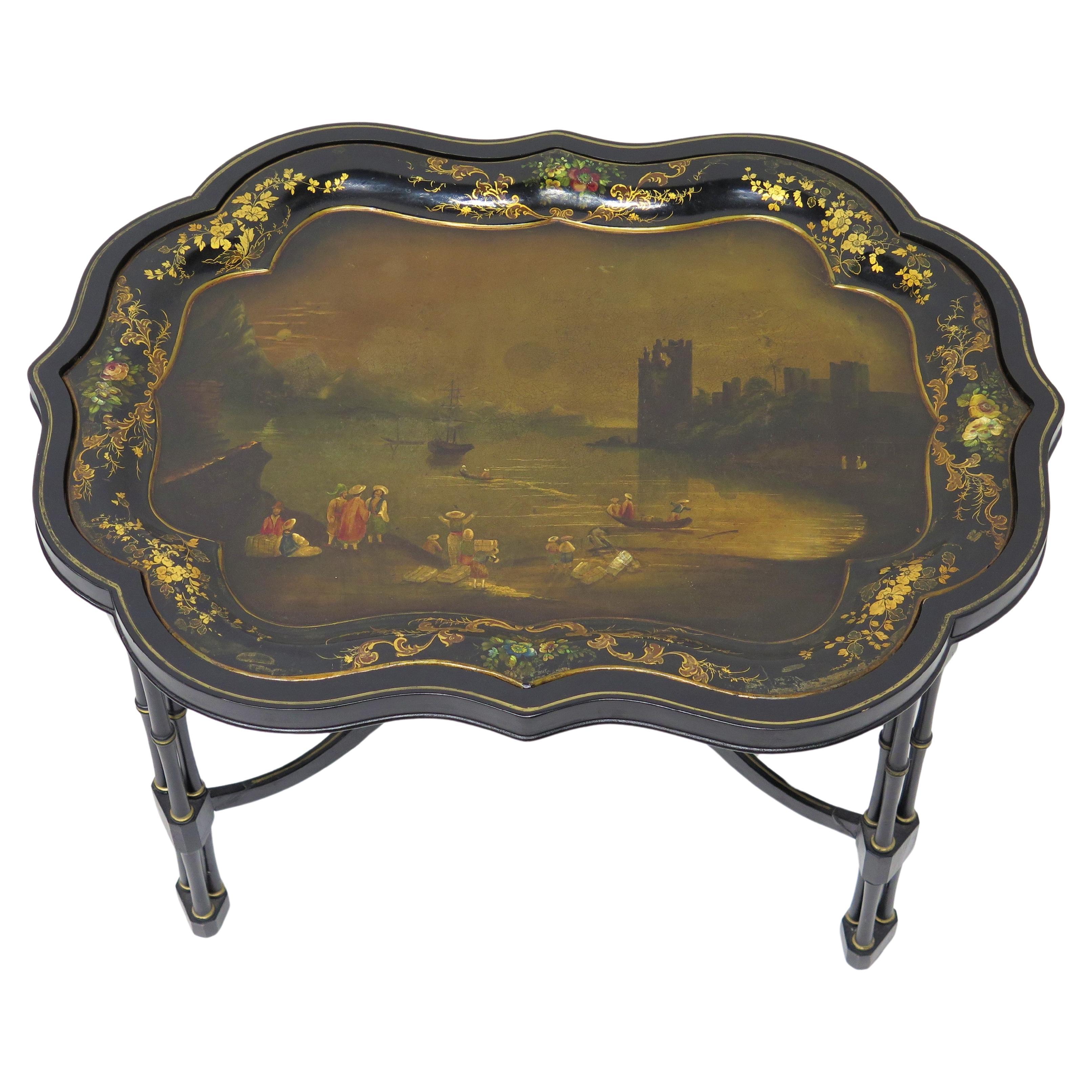English Hand-Painted and Gilded Papier-mâché Tray on Custom Stand For Sale