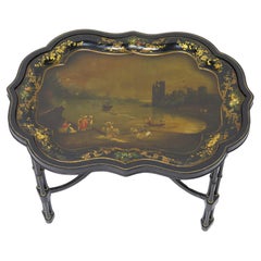 Antique English Hand-Painted and Gilded Papier-mâché Tray on Custom Stand