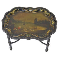 English Hand-Painted and Gilded Papier-mâché Tray on Custom Stand