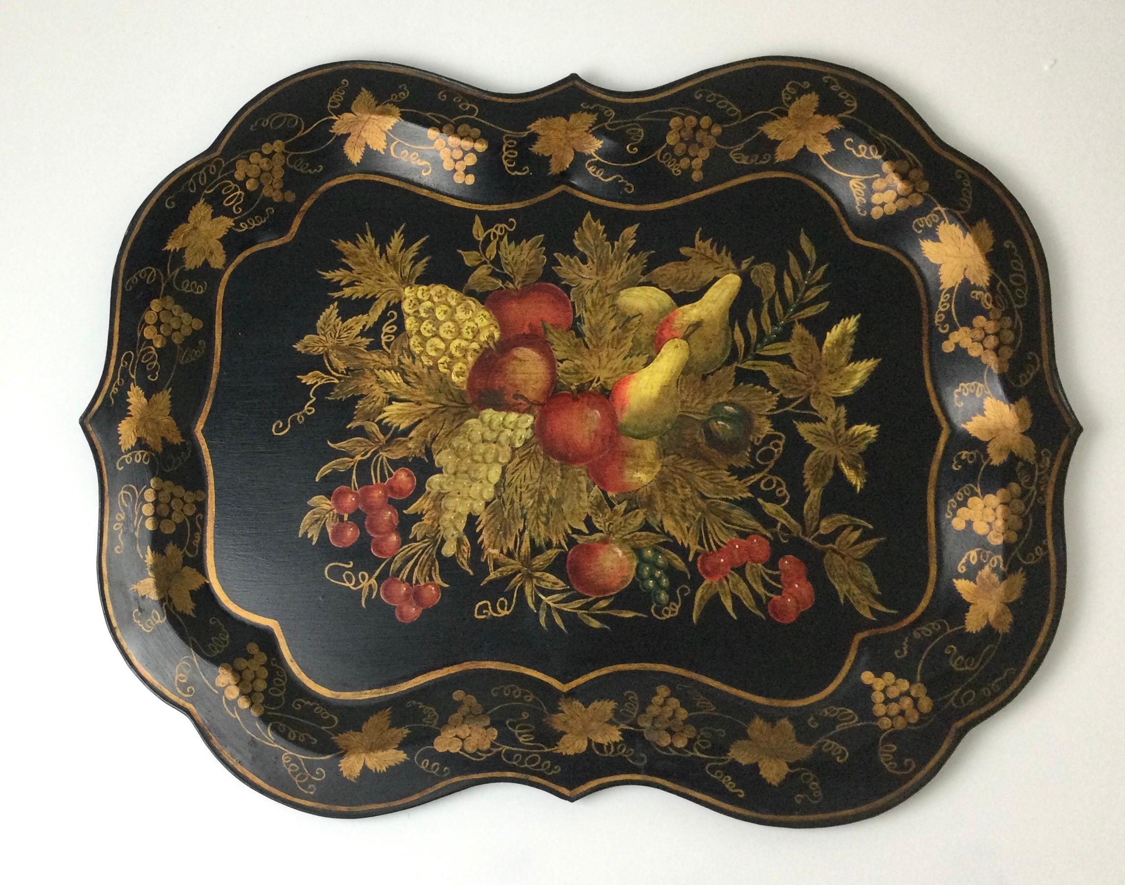 Wonderful hand painted English Late 19th c. tole tray. You can see the brush stocked on the tin tray. Very minor age appropriate ware. Nice large size 24 by 19
