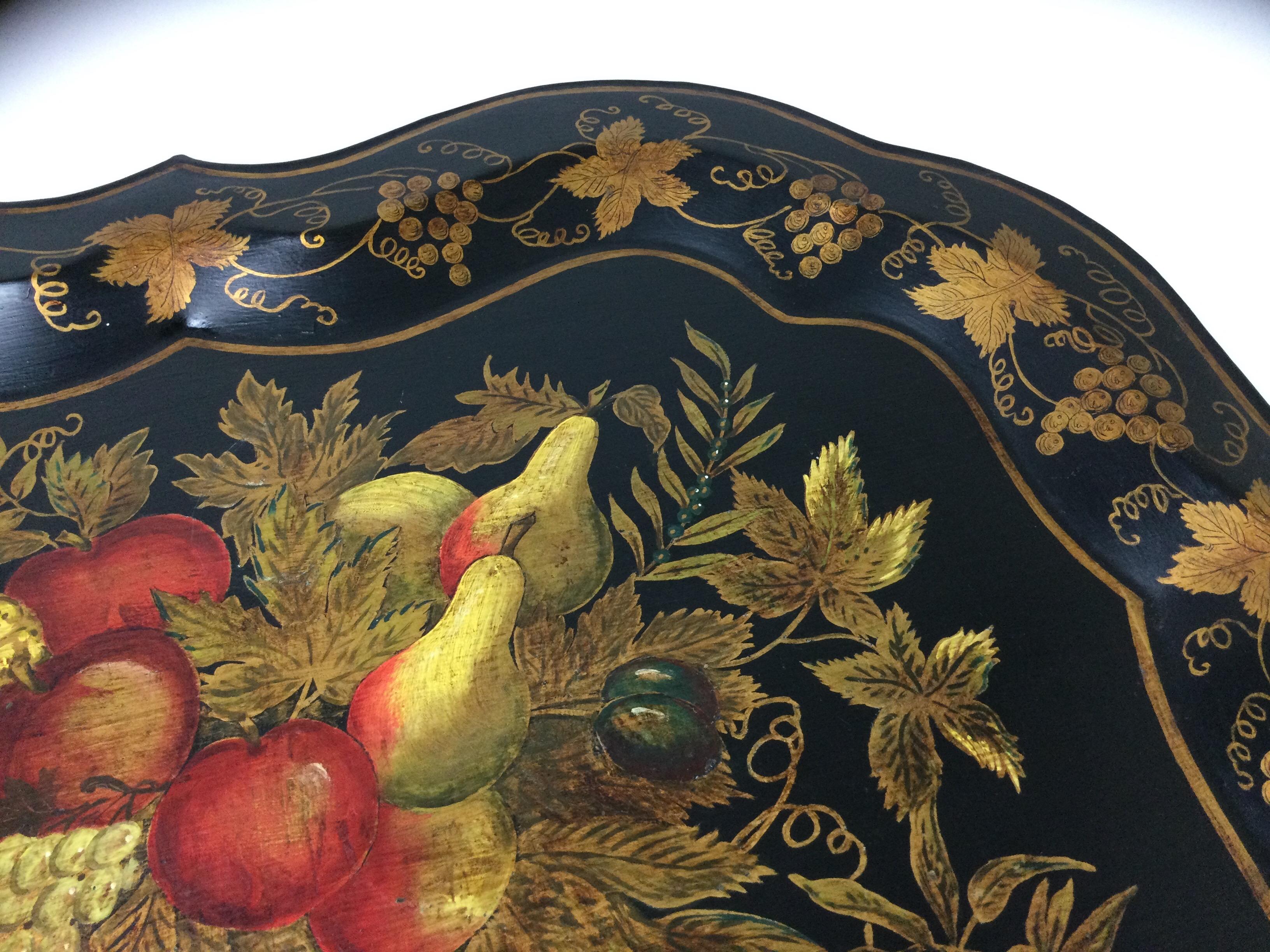 Hand-Painted English Hand Painted Fruit and Vines Tole Tray