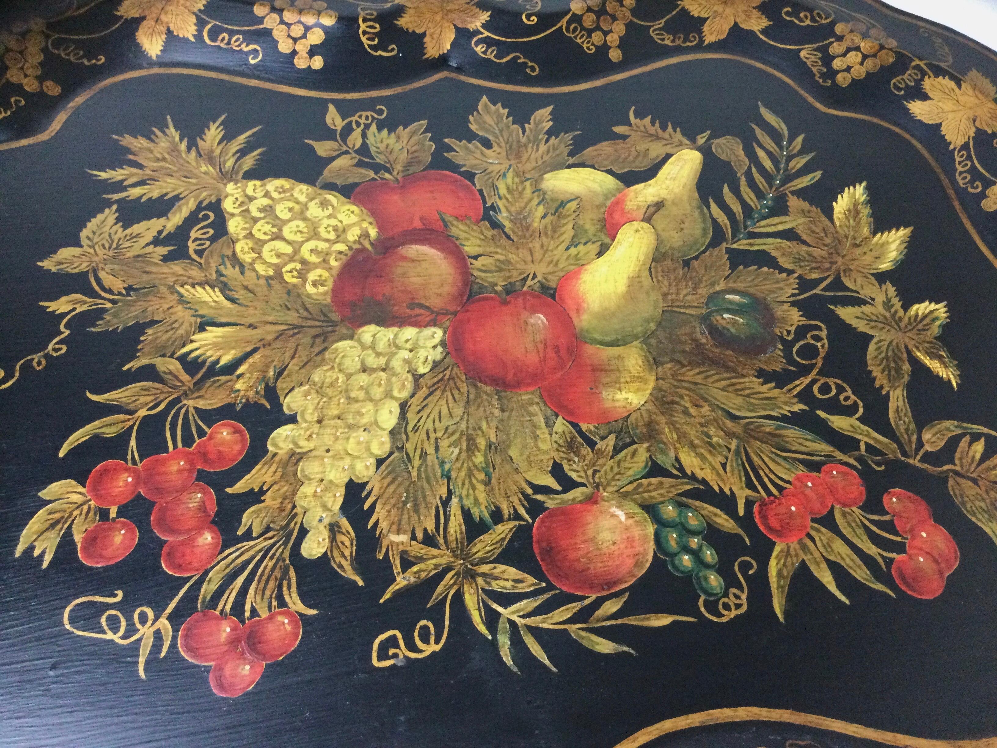 19th Century English Hand Painted Fruit and Vines Tole Tray