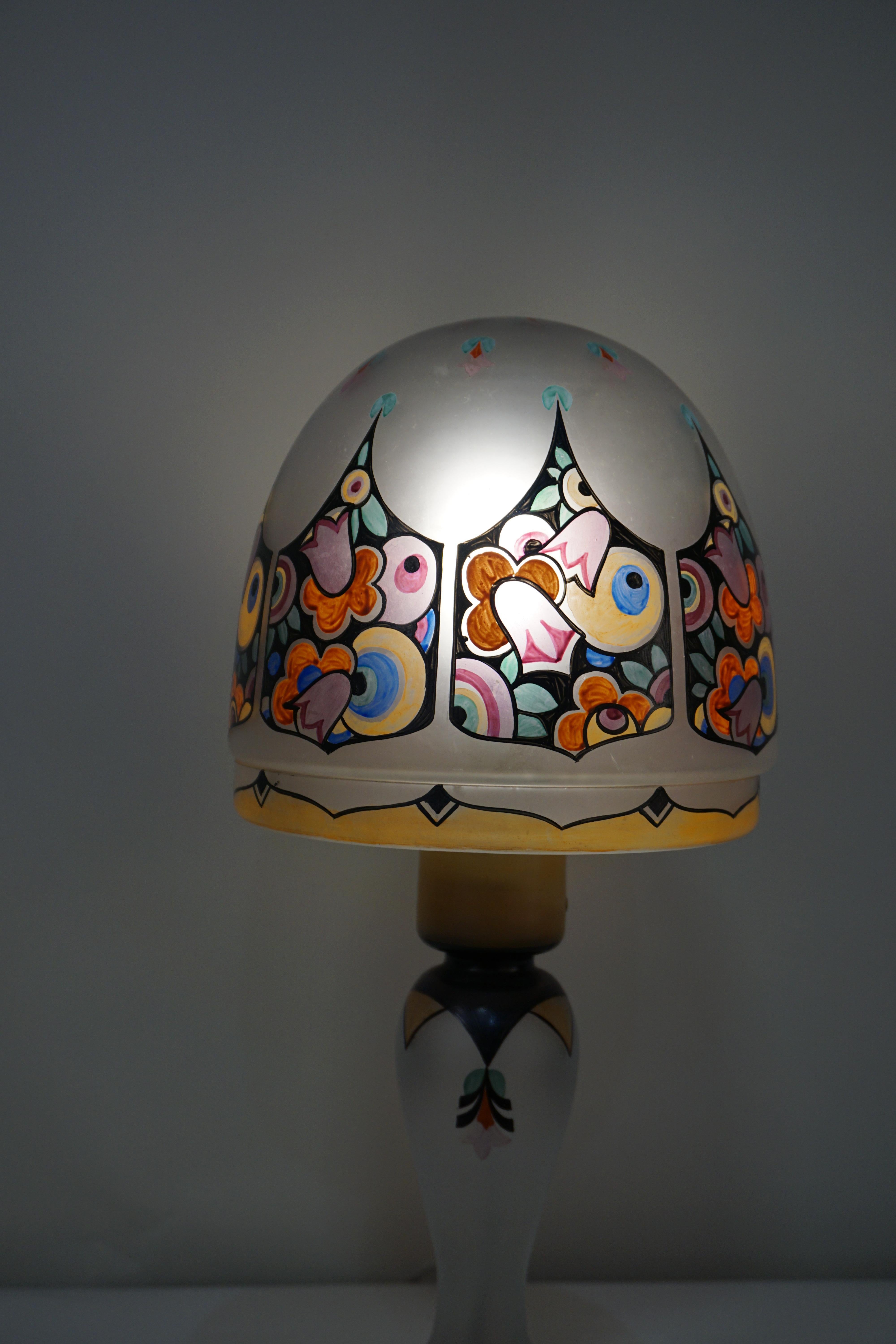 English 1920s Art Deco hand-painted glass bade and shade table lamp.