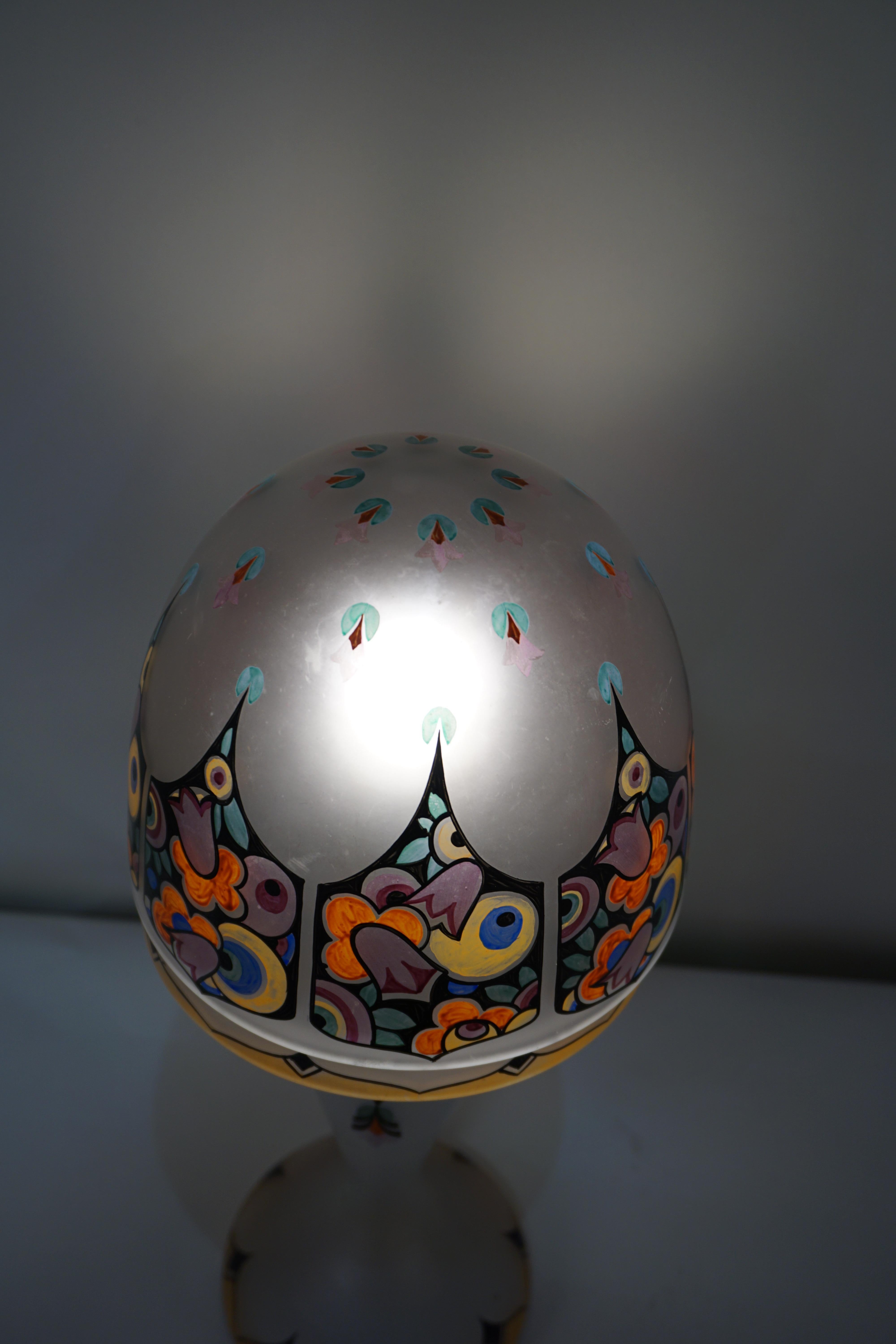 English Hand-Painted Glass Art Deco Table Lamp In Good Condition In Fairfax, VA