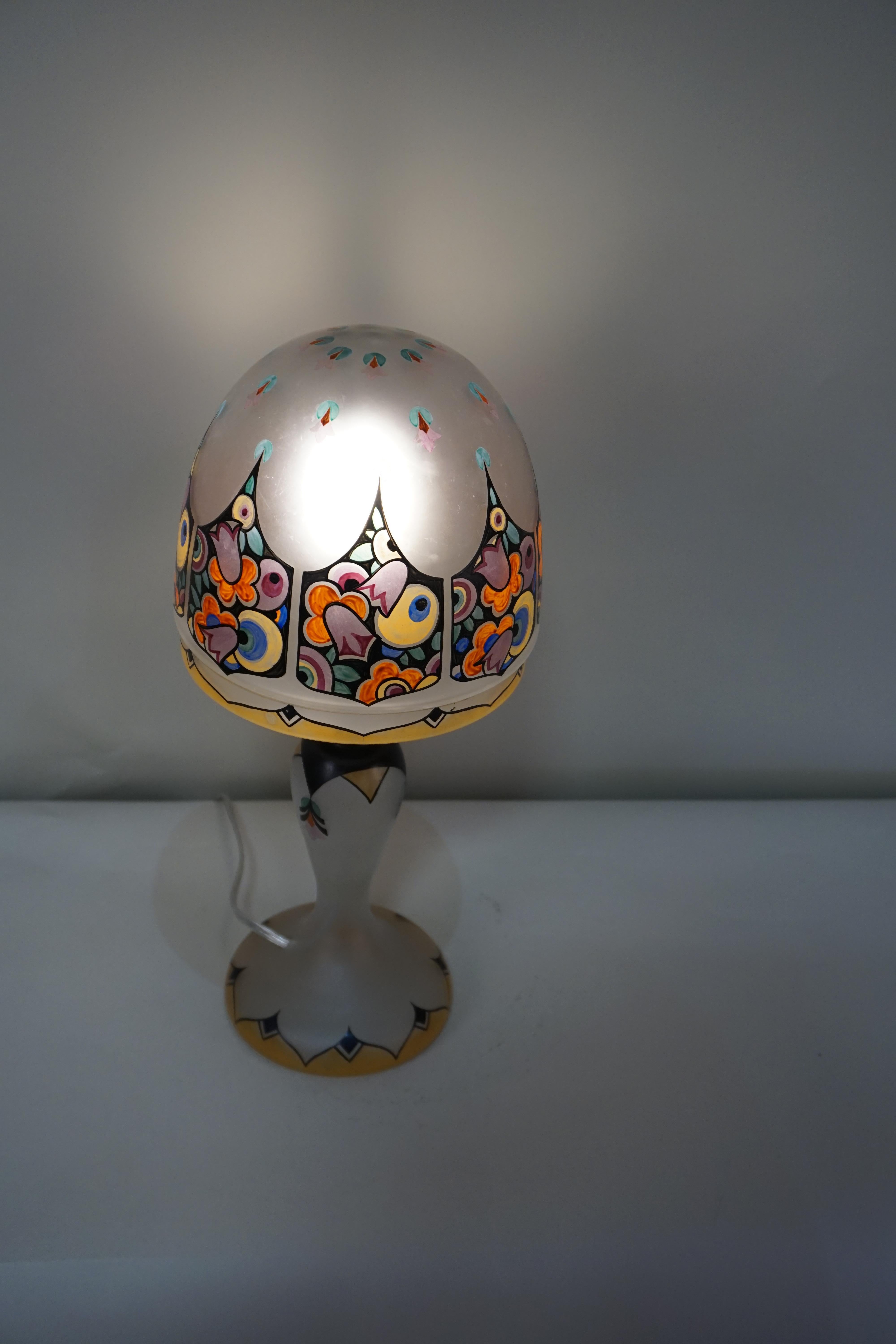 Early 20th Century English Hand-Painted Glass Art Deco Table Lamp