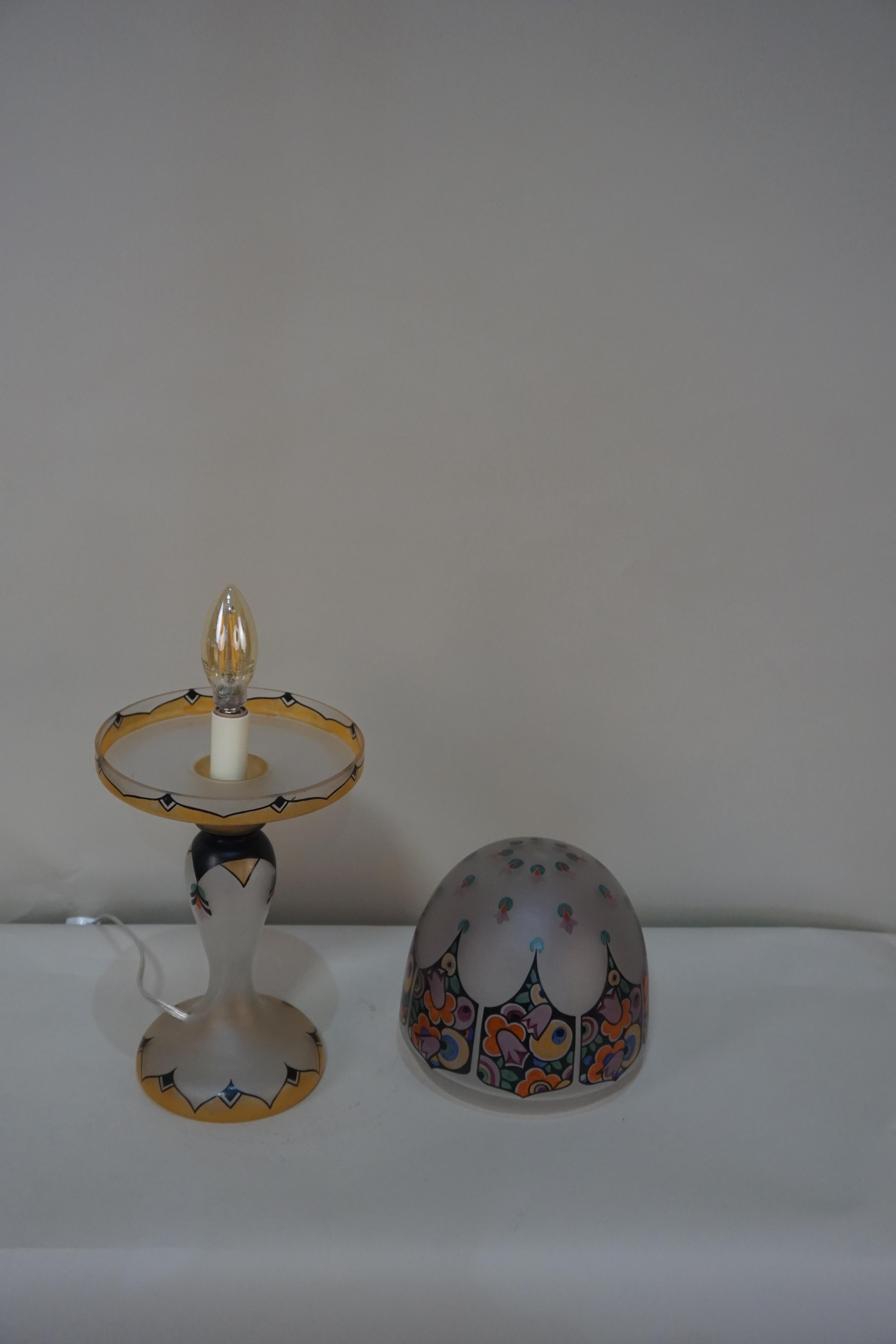 English Hand-Painted Glass Art Deco Table Lamp 1