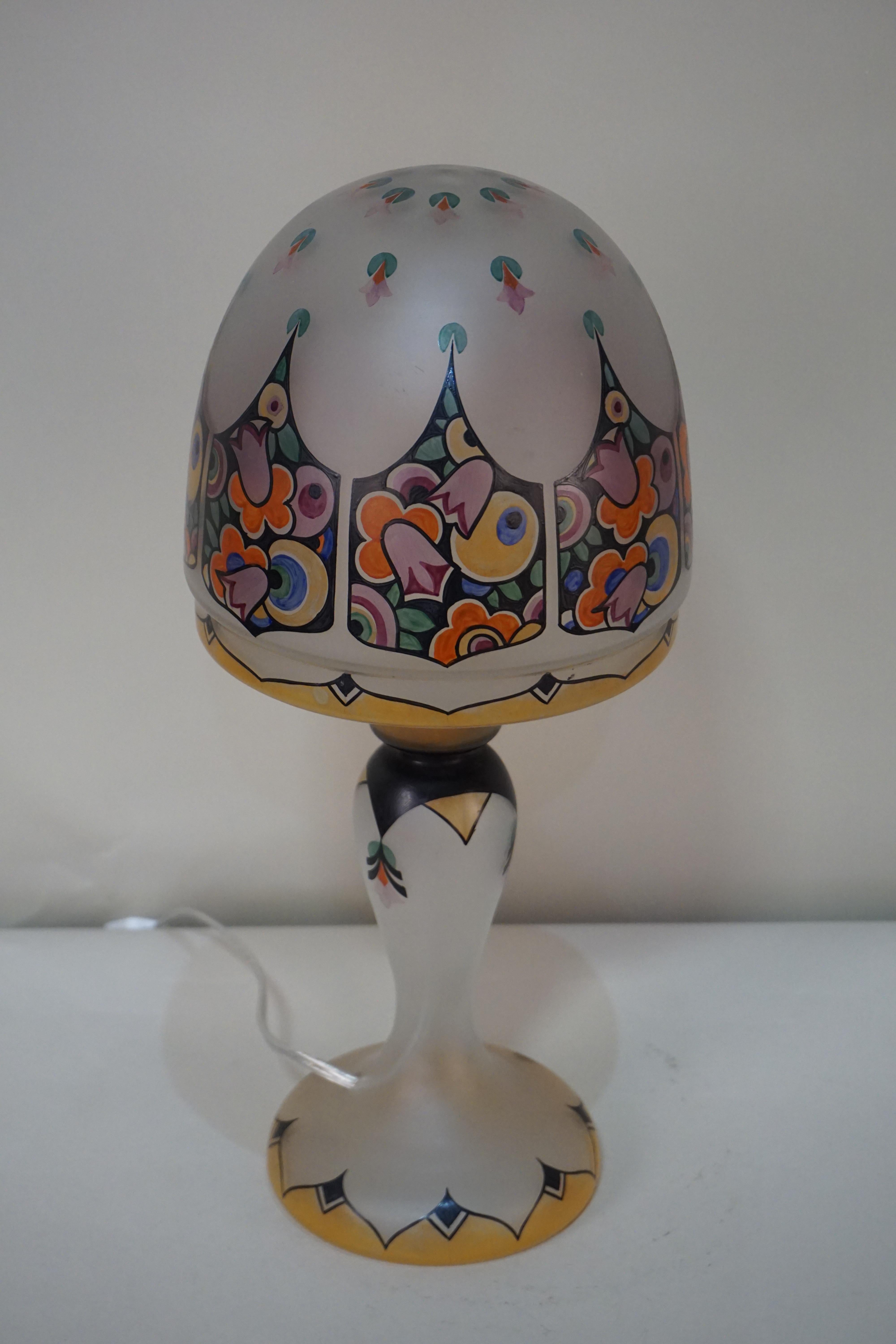 English Hand-Painted Glass Art Deco Table Lamp 2