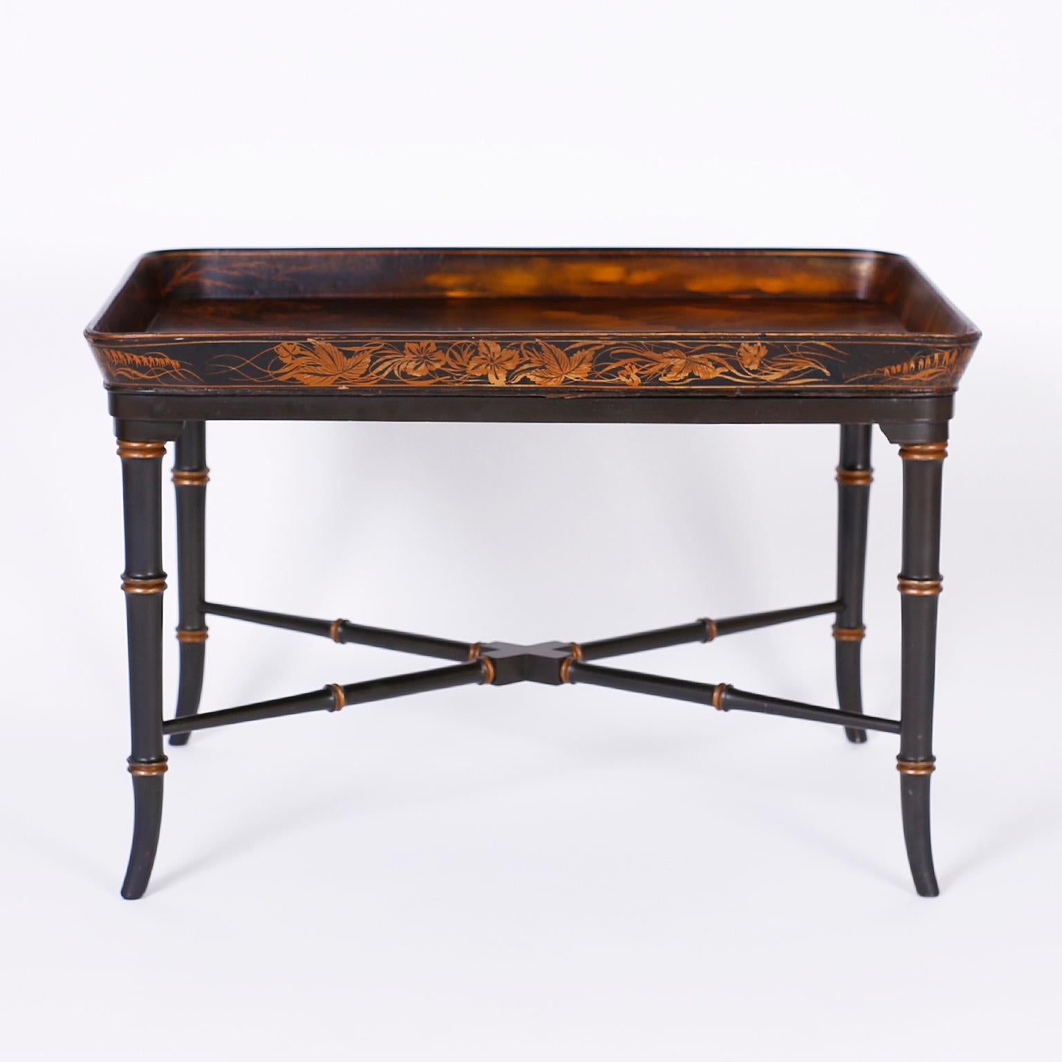 Regency English Hand Painted Lacquered Papier Mâché Tray Table For Sale