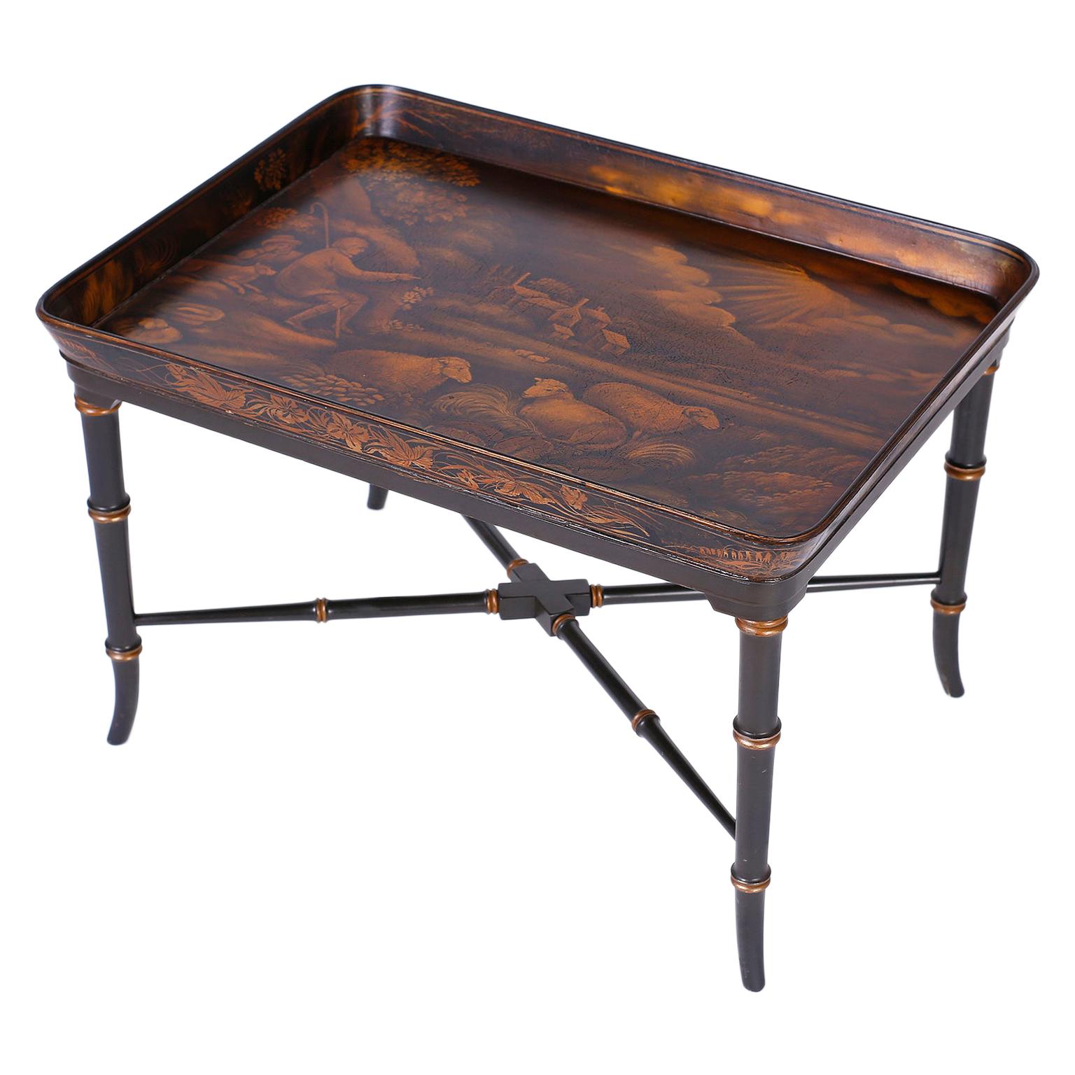 English Hand Painted Lacquered Papier Mâché Tray Table For Sale