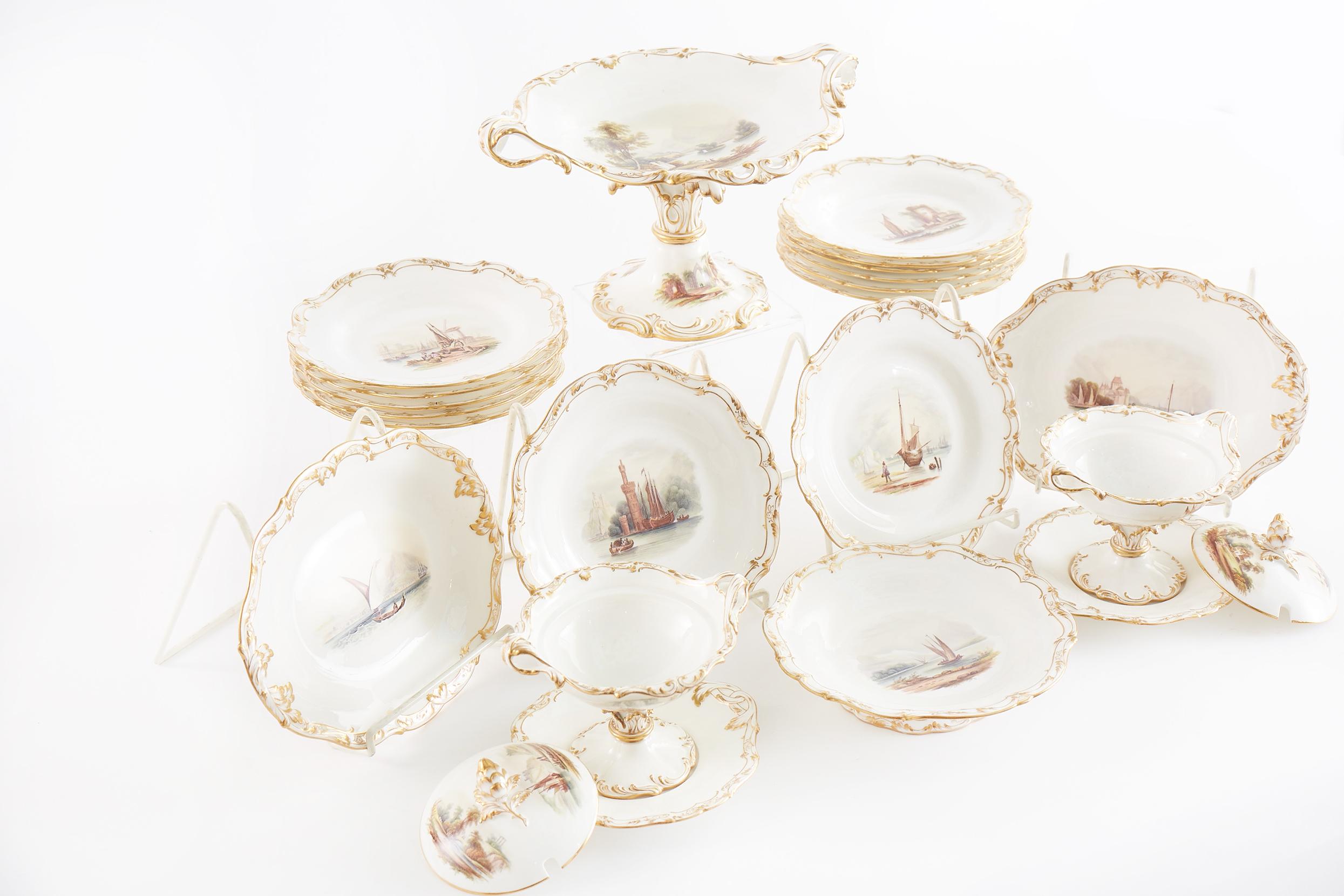 19th Century English hand painted porcelain dessert / luncheon service with gilt gold and painted interior scene details. Each piece is in great condition. Minor wear consistent with age / use. Maker's mark undersigned. Set include 24 pieces. 12