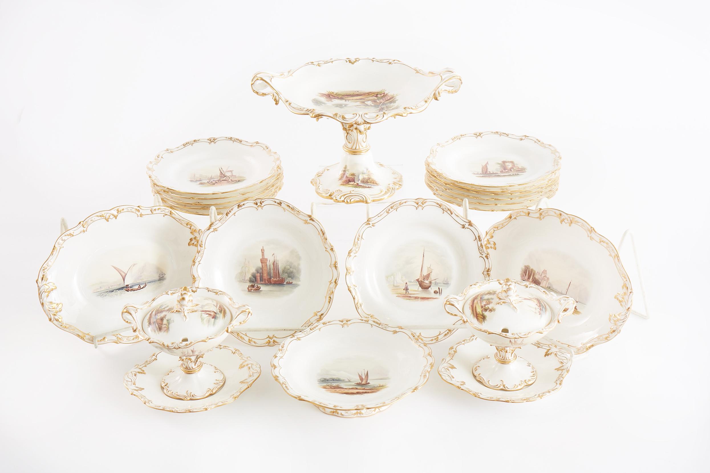 English Hand Painted Porcelain Luncheon / Dessert Service In Good Condition In Tarry Town, NY