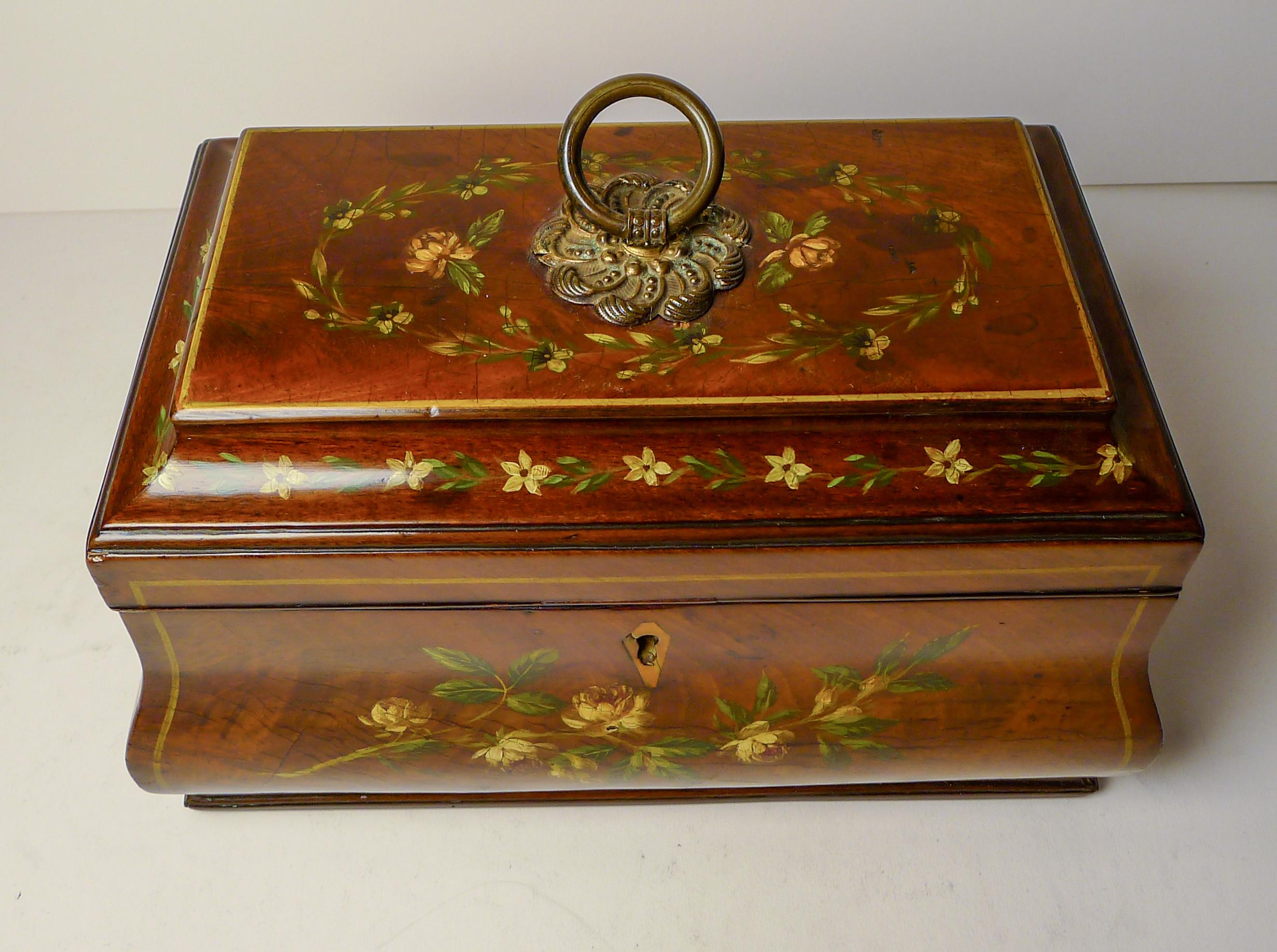English Hand-Painted Regency Mahogany Tea Caddy c.1820 For Sale 4