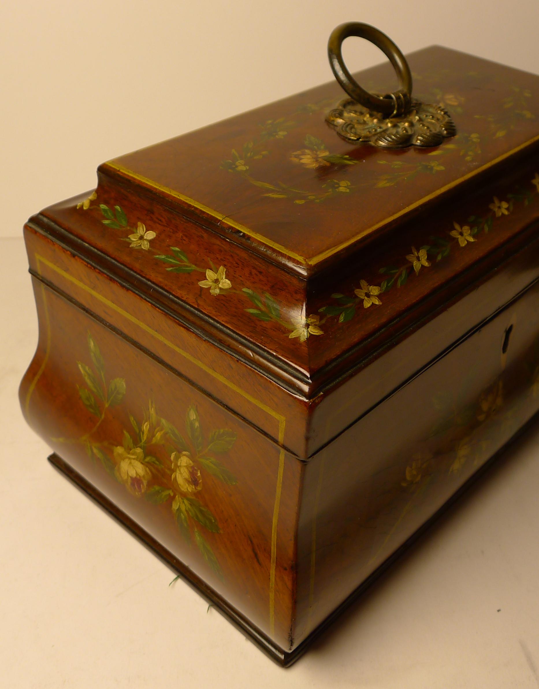English Hand-Painted Regency Mahogany Tea Caddy c.1820 For Sale 5