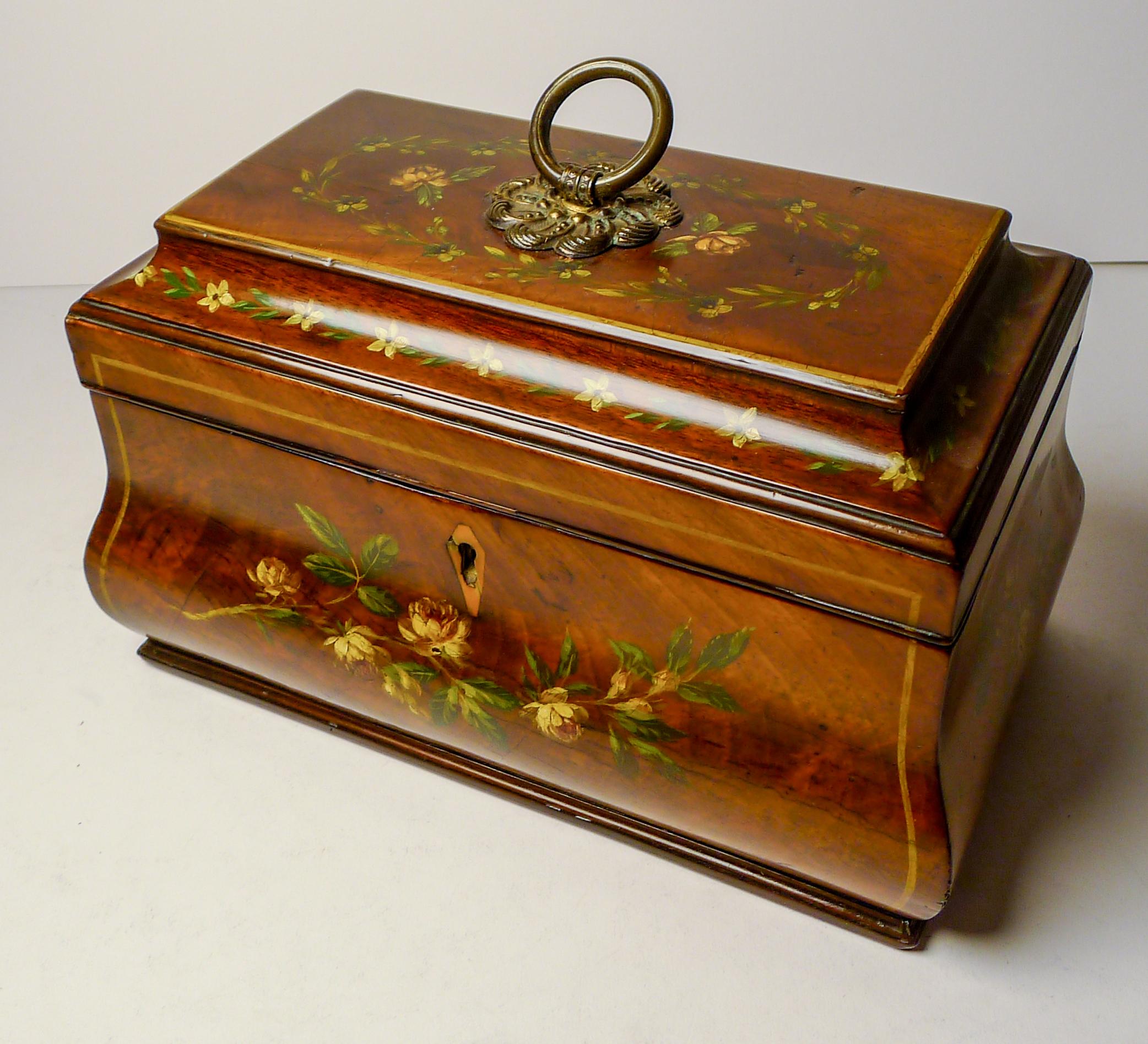 English Hand-Painted Regency Mahogany Tea Caddy c.1820 For Sale 6
