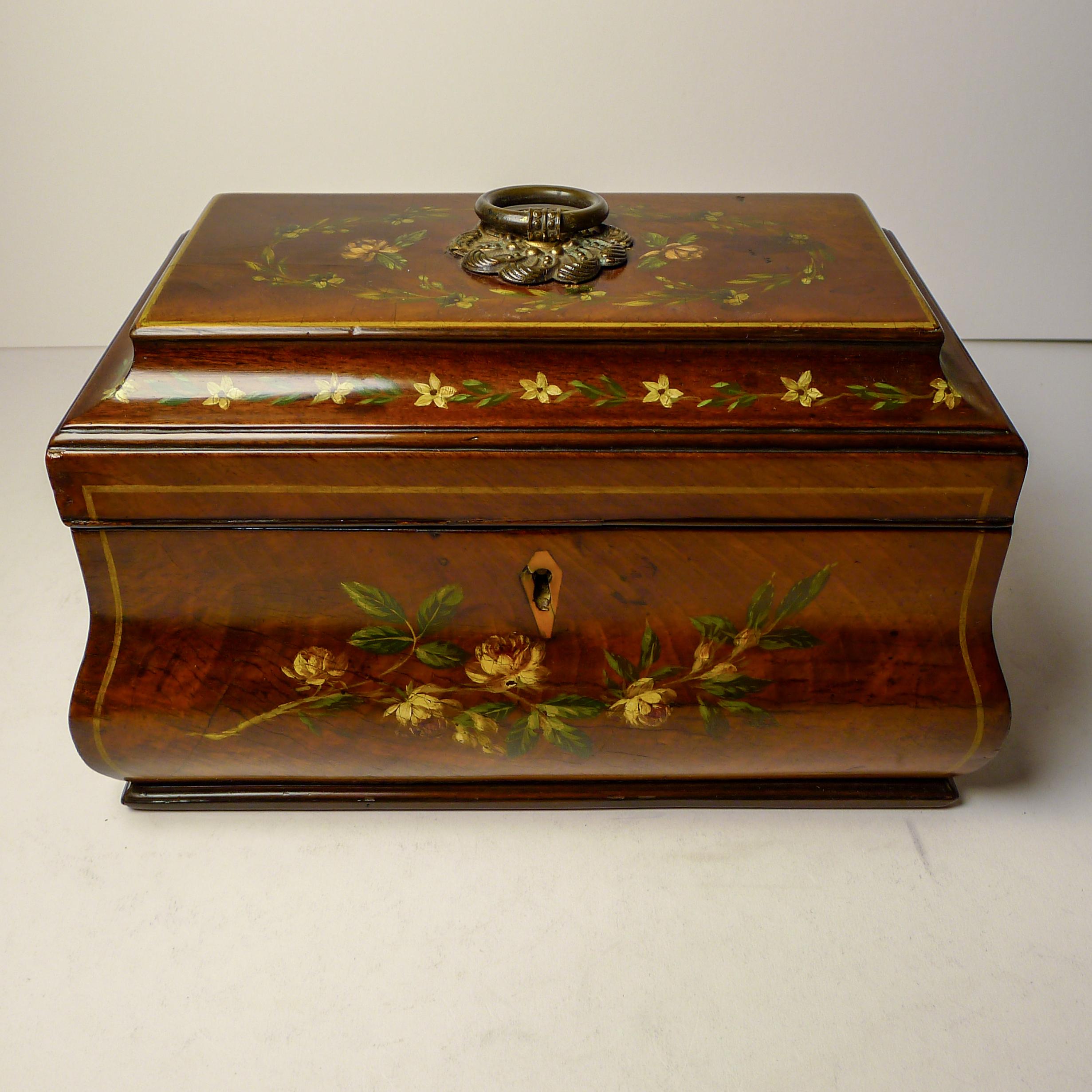 English Hand-Painted Regency Mahogany Tea Caddy c.1820 For Sale 7
