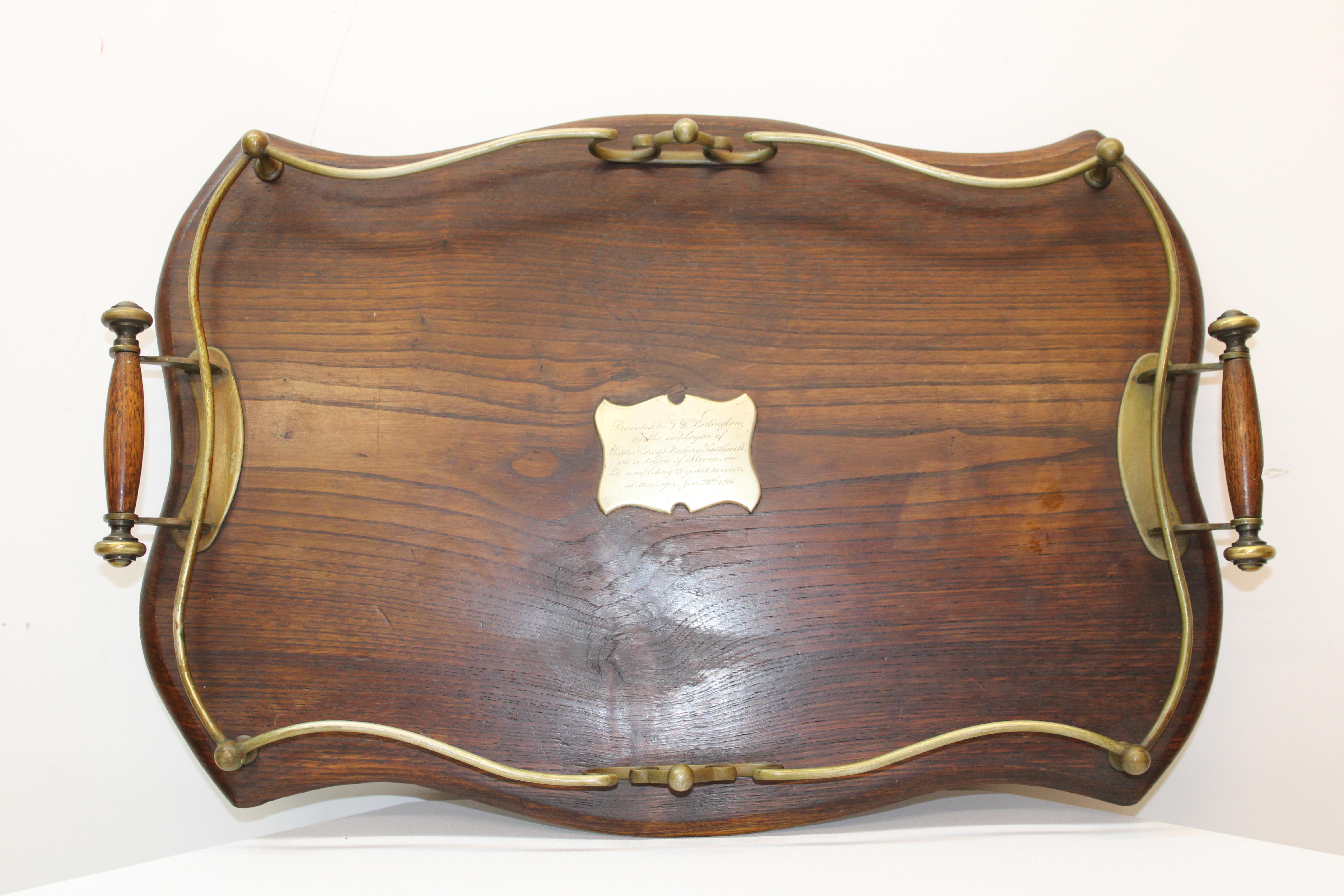 20th Century English Handled Wood Tray w/ Brass Accents For Sale