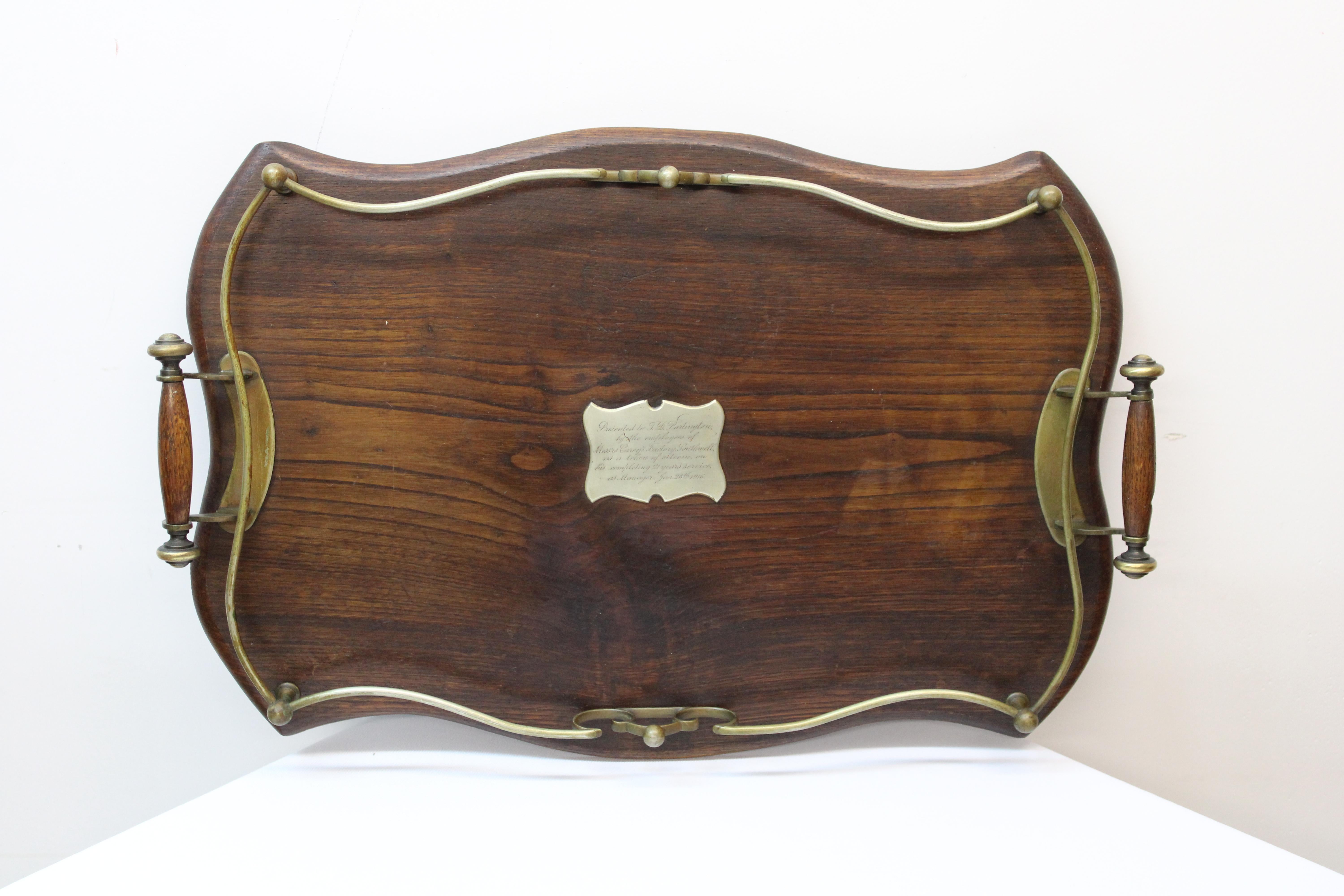 English Handled Wood Tray w/ Brass Accents For Sale 1