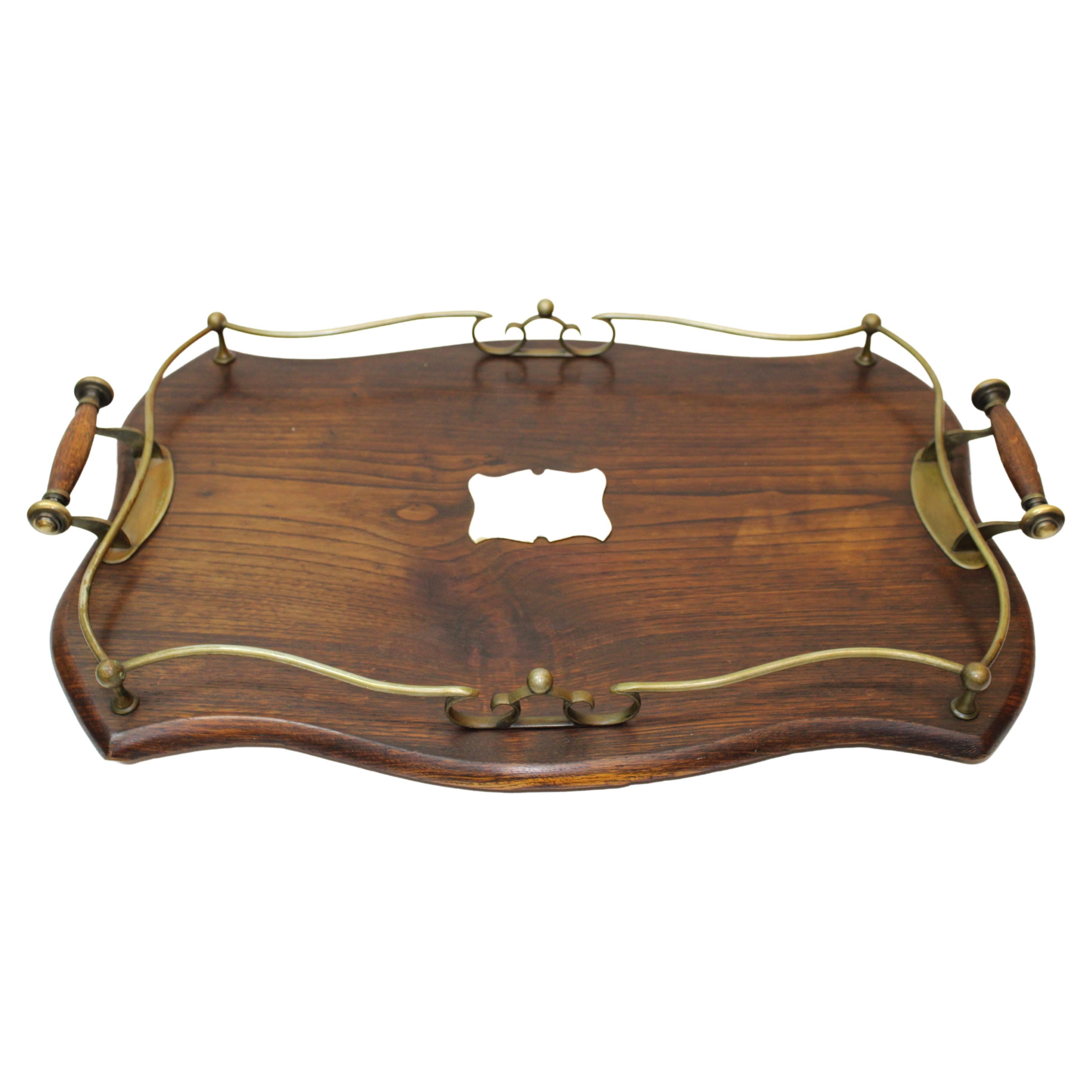 English Handled Wood Tray w/ Brass Accents For Sale