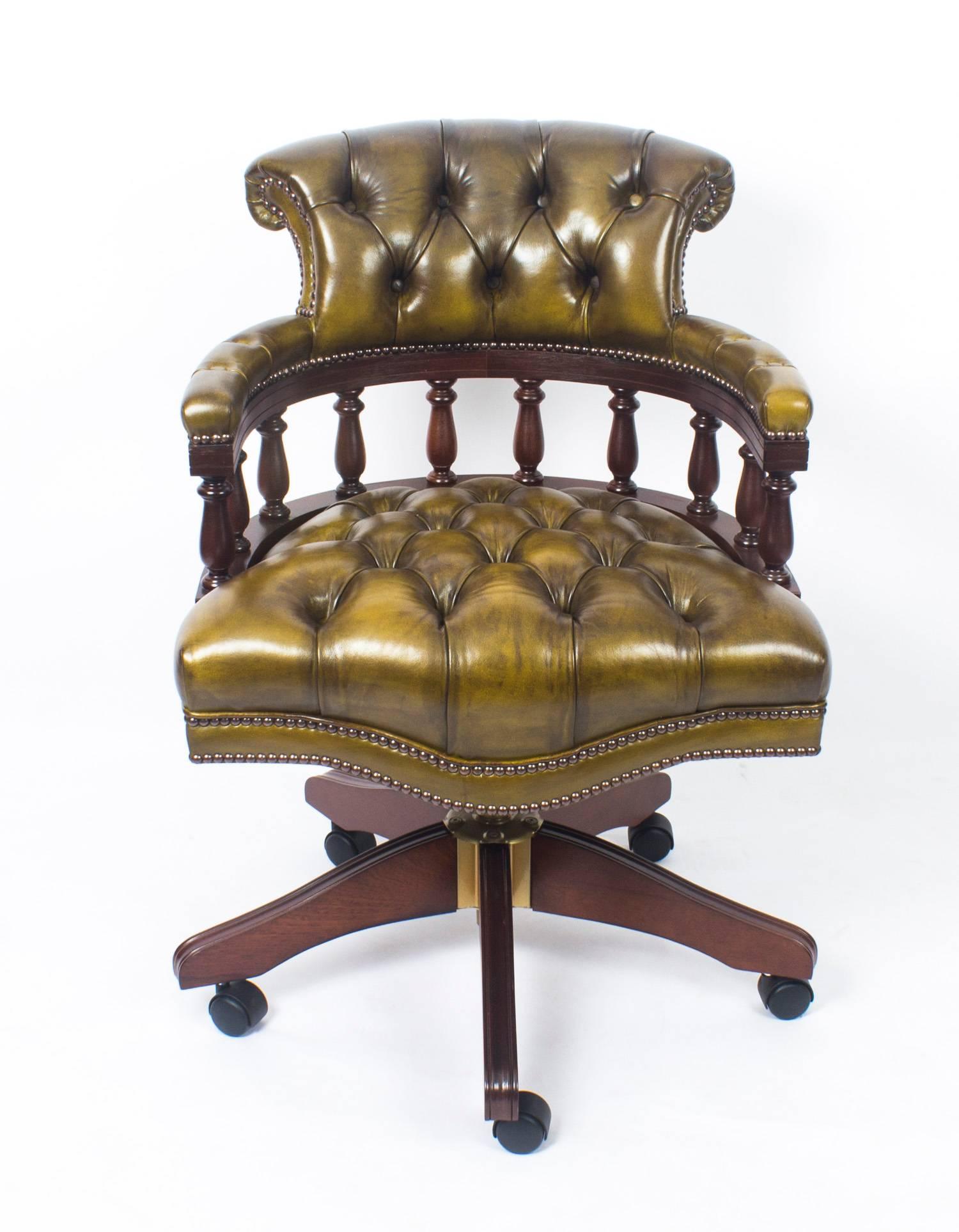 Bespoke English Handmade Leather Captains Desk Chair Emerald Green