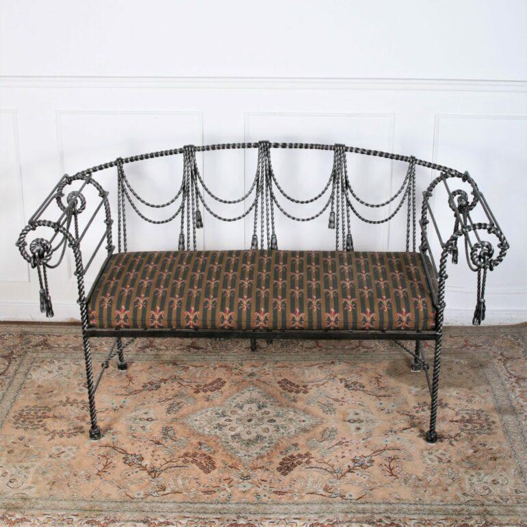 Hand-Crafted English Handmade Wrought Iron Regency Style Swag and Tassel Bench
